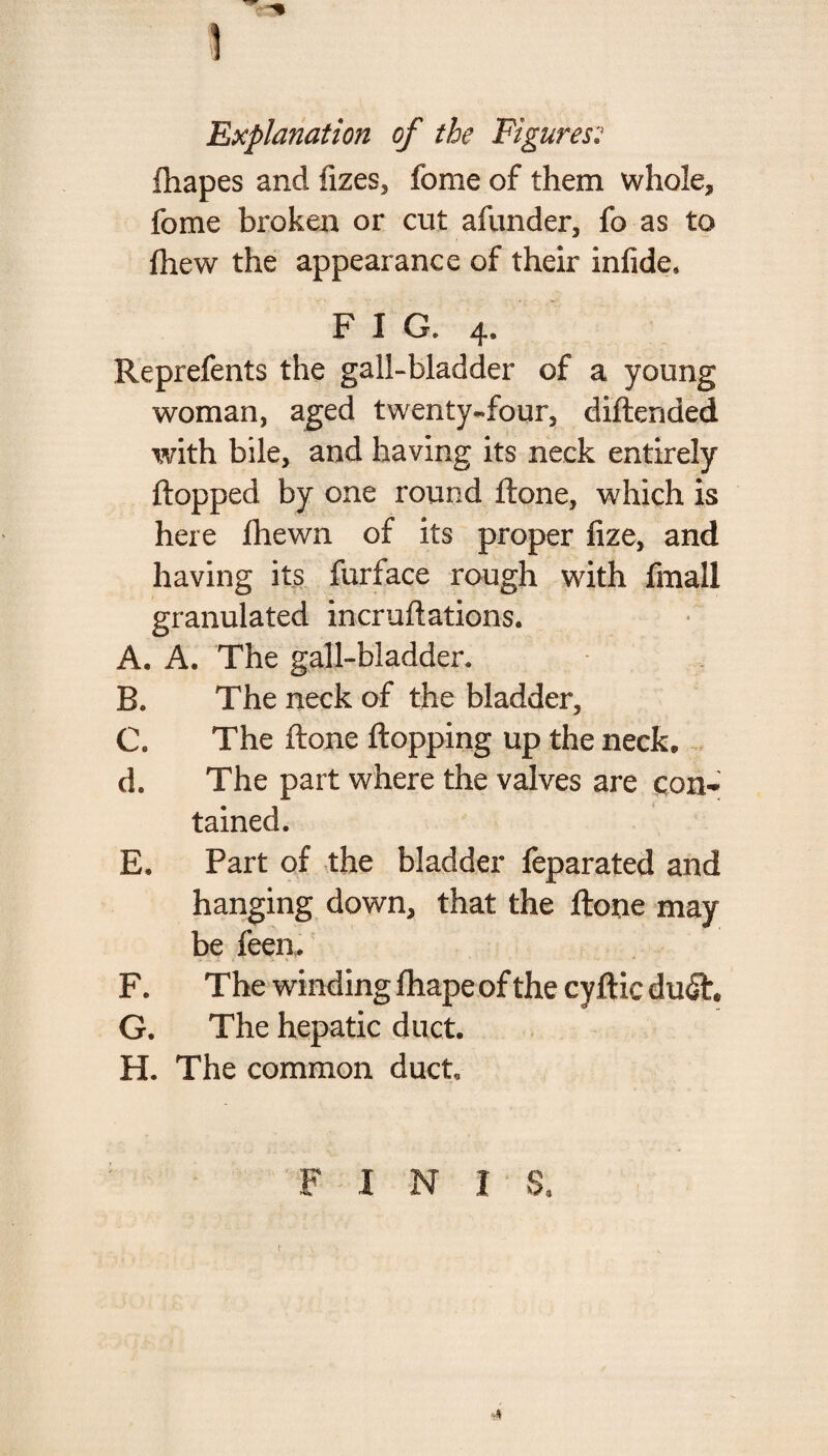 1 Explanation of the Figures; ftiapes and fizes, fome of them whole* fome broken or cut afunder, fo as to (hew the appearance of their infide* FIG. 4. Reprefents the gall-bladder of a young woman, aged twenty-four, diftended with bile, and having its neck entirely flopped by one round ftone, which is here fhewn of its proper fize, and having its furface rough with final! granulated incruftations. A. A. The gall-bladder. B. The neck of the bladder, C. The ftone flopping up the neck, d. The part where the valves are con¬ tained. E. Part of the bladder feparated and hanging down, that the ftone may be feen. F. The winding fhape of the cyftic du5h G. The hepatic duct. H. The common duct FINIS, t