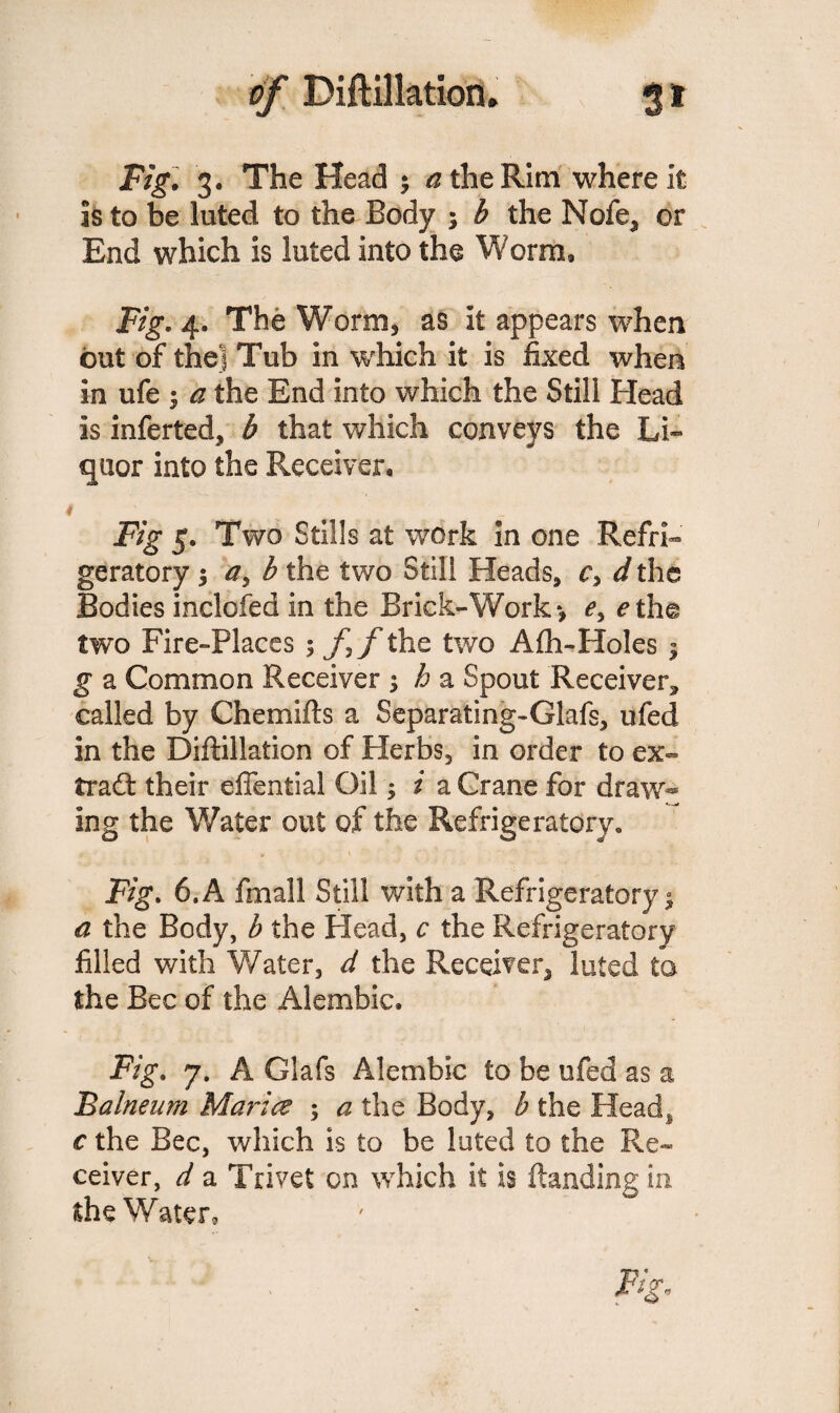 Fig. 3. The Head $ a the Rim where It is to be luted to the Body ; b the Nofe, or End which is luted into the Worm, Fig. 4. The Worm, as It appears when but of thej Tub in which it is fixed when in ufe ; a the End into which the Still Head is inferred, b that which conveys the Li¬ quor into the Receiver, Fig 5. Two Stills at work in one Refri¬ geratory ; a, b the two Still Heads, c, d the Bodies inclofed in the Brick-Work*, ey eth® two Fire-Places ; J] f the two Afh-Holes $ g a Common Receiver ; h a Spout Receiver, called by Chemifts a Separating-Glafs, ufed in the Diftillation of Herbs, in order to ex- trad: their effential Oil; i a Crane for draw** ing the Water out of the Refrigeratory. Fig. 6.A fmall Still with a Refrigeratory^ a the Body, b the Plead, c the Refrigeratory filled with Water, d the Receiver, luted to the Bee of the Alembic. Fig. 7. A Glafs Alembic to be ufed as a Balneum Maria ; a the Body, b the Head-, c the Bee, which is to be luted to the Re¬ ceiver, d a Trivet on which it is Handing in the Water,