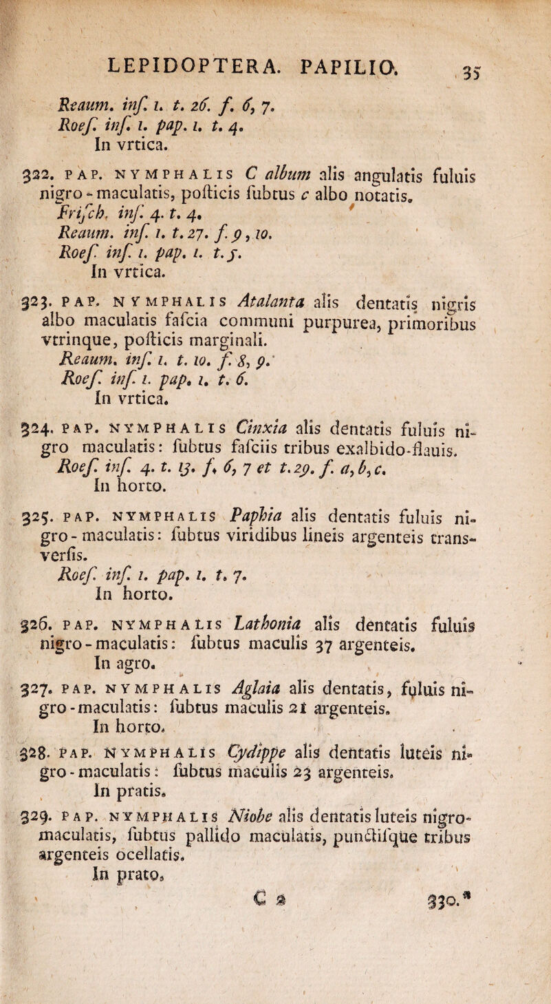 Reaum. inf z. t. z6. f. 6, 7. Roef. inf z. pap. z. t. 4. In vrtica. 322. pap. nymphalis C album alis angulatis fuluis nigro-maculatis, podicis fubtus c albo notatis. Fnfch, inf 4. t. 4. Reaum. inf 1. t. 27. f 9, Z0. inf z. pap. z. r. j. I11 vrtica. 323. pap. nymphalis Atalanta alis dentatis nigris albo maculatis fafcia communi purpurea, primoribus vtrinque, podicis marginali. Reaum. zzz/T z, r. Z0. /?<?, inf 1. pap. z. f. £ In vrtica. 324. pap. nymphalis Cinxia alis dentatis fuluis ni¬ gro maculatis: fubtus fafciis tribus exalbido-flauis. Roef inf 4. t. ij. f 6, 7 et t.29.f. a,b^c. In horto. 325. pap. nymphalis Paphia alis dentatis fuluis ni» gro-maculatis: fubtus viridibus lineis argenteis trans- verfis. Roef inf 1. pap. 1. f. 7. In horto. §26. pap. nymphalis Lathonia alis dentatis fuluis nigro - maculatis: fubtus maculis 37 argenteis. In agro. ** ,, _ , 327, pap. nymphalis Aglaia alis dentatis, fyluis ni¬ gro-maculatis: fubtus maculis 21 argenteis. In horto, 32B. pap. Nymphalis Cydippe alis dentatis luteis ni- gro - maculatis i fubtus maculis 23 argenteis. In pratis, 329. pap. nymphalis Niobe alis dentatis luteis nigro- maculatis, fubtus pallido maculatis, pundlifque tribus argenteis ocellatis. In pratp3 ' C £ 330. *
