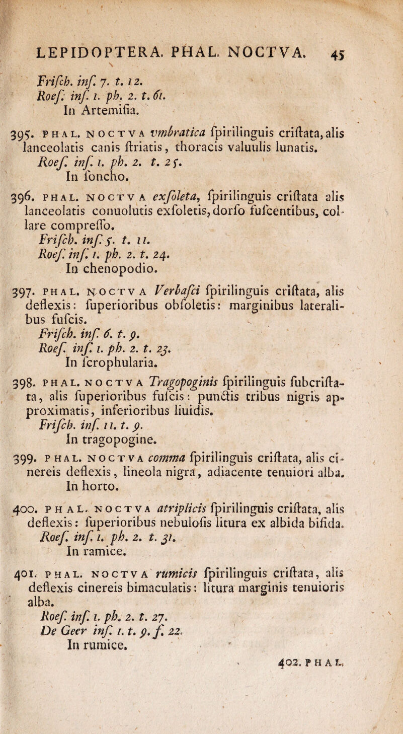 s Frifcb. inf 7. t. 12. Roef. inf 1. pb. 2. t. 61. In Artemifia. 395. phal. noctva vmbratica fpirilinguis criflata,alis lanceolatis canis ftriatis, thoracis valuulis lunatis. Roef. inf. 1. pb. 2. t. 2 f. In foncho. 396. phal. noctva exfoleta, fpirilinguis criflata alis lanceolatis conuolutis exfoletis, dorfo fulcentibus, col¬ lare compreflo. Frifcb. inf $. t. 11. Roef inf. 1. pb. 2. t. 24. In chenopodio. 397. phal, noctva Verbafci fpirilinguis criflata, alis deflexis: fuperioribus obfoletis: marginibus laterali¬ bus fufcis. Frifcb. inf 6. t. p. Roef inf. 1. pb. 2. t. 23. In fcrophularia. 398. phal. noctva Tragopoginis fpirilinguis fubcrifla- ta, alis fuperioribus fufcis: pun&is tribus nigris ap¬ proximatis, inferioribus liuidis. Frifcb. inf. 11.1. p. In tragopogine. 399. phal. noctva comma fpirilinguis criflata, alis ci¬ nereis deflexis, lineola nigra, adiacente tenuiori alba. In horto. 400. phal. noctva atriplicis fpirilinguis criflata, alis deflexis: fuperioribus nebulofis litura ex albida bifida. Roef inf 1. ph. 2. t. 31. In ramice. 401. phal. noctva rumicis fpirilinguis criflata, alis deflexis cinereis bimaculatis: litura marginis tenuioris alba. Roef inf 1. pb. 2. t. 27. De Geer inf. 1.1. p. f 22. In rumice. 402. p H A L-