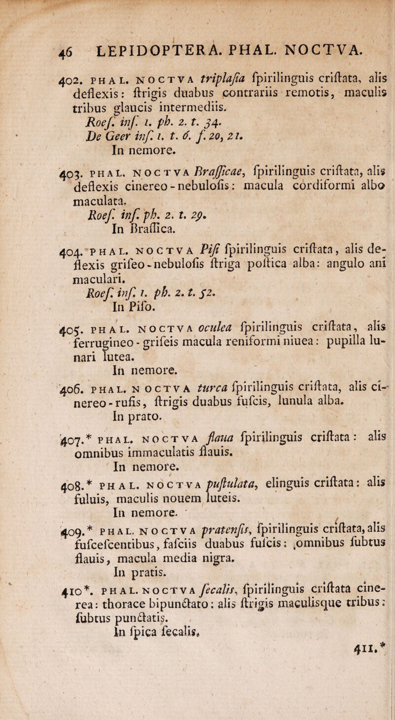402. phal. noctva triplajia fpirilinguis criflata, alis deflexis: flrigis duabus contrariis remotis, maculis tribus glaucis intermediis. Roef. inf. 1. ph. 2. t. 34. De Geer inf 1. t. 6. f zo, 2 /. In nemore. 403. phal. noctva Brajficae, fpirilinguis criflata, alis deflexis cinereo - nebulofis: macula cordiformi albo maculata. Roef. inf. ph. 2. t. 29. In Braflica. 404. PHAL. noctva Pifi fpirilinguis criflata, alis de¬ flexis grifeo - nebulofis flriga poflica alba: angulo ani maculari. Roef. inf. 1. ph. 2. t. 32. In Pilo. 405. phal. noctva oculea fpirilinguis criflata, alis ferrugineo - grifeis macula reniformi niuea: pupilla lu¬ nari lutea. In nemore. 406. phal. n octva turea fpirilinguis criflata, alis ci¬ nereo - rufis, flrigis duabus fufeis, lunula alba. In prato. 407. * phal. noctva fiaita fpirilinguis criflata: alis omnibus immaculatis flauis. I11 nemore. 408. * PHAL. noctva pujlulata, elinguis criflata: alis fuluis, maculis nouem luteis. In nemore. 409. * phal. noctva pvatenfis, fpirilinguis criflata,alis fufcefcentibus, fafeiis duabus fulcis: ^mnibus fubtus flauis, macula media nigra. In pratis. 410 *. phal. noctva fecalis, fpirilinguis criflata cine¬ rea : thorace bipuntlato: alis flrigis maculisque tribus; fubtus pundatis. In fpica fecalis* 411,*