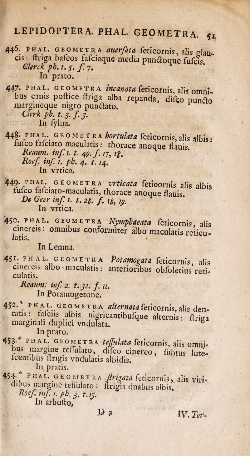 446. PHAL. geometra auerfata feticomis, alis glau¬ cis : ftriga bafeos fafciaque media pumftoque fufcis. Glerck ph. t. _f. f 7. In prato. ' 447. PHAL. geometra incanata fe ticornis, alis omni-' bus canis poftice ftriga alba repanda, difco pundo margineque nigro pun&ato. Clerk ph. t. 3. f. 3. In fylua, 44r rp H A L. G E o m E T R A lortulata feticornis, alis albis • iulco ralciato maculatis: thorace anoque flauis Reaum. inf i. t. 4p. /. z;5 /£. Roef inf. i. ph. 4. t. /4, In vrtica* 449. PUAL. CEO MET r a vrticata fetieornis alis albis luico iaiciato-maculatis, thorace anoque flauis. J)s Geer inf. 1. t. f. y. In vrtica. 450. PHAL. geometra Nymphaeata feticornis, alis cinereis: omnibus conformiter albo maculatis reticu¬ latis. In Lemna. 45r: PHAL. geometra Rotamogdta feticornis, alis cinereis albo - maculatis: anterioribus obfoletius reti¬ culatis. Reaum. inf. 2. t.jz. f. zz. In Potamogetone. 452‘! phal. geometra alternata feticornis* alis den¬ tatis : laicns albis mgricantibufque alternis • fldga marginali duplici vndulata. b I11 prato. 45}'* PHAL; geometra tejfulata feticornis, alis omni- bus margine tefliilato difco cinereo, fubtus lute. Icentibus ftngis vndulatis albidis. In pratis. 454-* phal. geometra firigaU feticornis, alis viri- dibus margme tellulato: ftrigis duabus albis. RoeJ. inf 1. ph. 3.1.13. In arbullo.