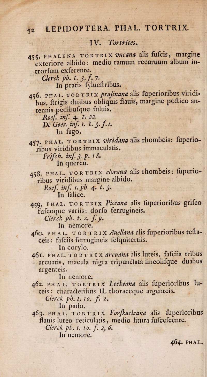 { $2 LEPIDOPTERA. PHAL. TORTRIX. IV. Tortrices. 455. phalena tortrix vncana alis fulcis, margine exteriore albido: medio ramum recuruum album in- trorfum exferente. Clerck ph. t. j*f* 7* In pratis fylueftribus. 456. PHAL. tortrix prafinana olis fuperioribus viridi¬ bus, ftrigis duabus obliquis flauis, margine poftico an¬ tennis pedibufque fuluis. Roef inf 4* J3e Ceer. t» t. j. y11» In fago. 457. phal. tortrix viridana alis rhombeis: fuperio¬ ribus viridibus immaculatis. Frifch. inf J p. 1 $• In quercu. 45B. phal. tortrix chrana alis rhombeis: fuperio¬ ribus viridibus margine albido. Roef inf i. ph. 4. t. 3. In falice. 459. phal. tortrix Piceana alis fuperioribus grifeo fufcoque variis: dorfo ferrugineis. Clerck ph. t. 2. f p. In nemore. 460. phal. tortrix Auellana alis fuperioribus tefta- ceis: fafciis ferrugineis fefquitertiis. In corylo. 461. PHAL. T O R T R 1 x arcu An a alis luteis, fafciis tribus arcuatis, macula nigra tripundtata lineolifque duabus argenteis. In nemore. 462. phal. tortrix Fecheana alis fuperioribus lu¬ teis : charadleribus IL thoraceque argenteis. Clerck ph. t. 10. f 2. In pado. 463. phal. tortrix Forfkaeleana alis fuperioribus flauis luteo reticulatis, medio litura fufcelcente. Clerck ph. t. 10. In nemore. 464. PHAL. /• b *>• s l