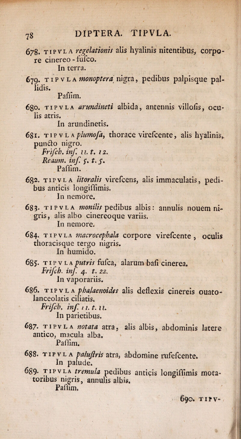 678« tipvla revelationis alis hyalinis nitentibus* corpo¬ re cinereo - fufco. In terra. 679. tipvla monoptera nigra, pedibus palpisque pal¬ lidis. Paffim. 680. tipvla arundineti albida, antennis villofis, ocu¬ lis atris. In arundinetis. 681. tipvla plumoJay thorace virefcente, alis hyalinis^ pundo nigro. Frifch. inf 11. t. z 2. Reaum. inf. 5*. t. J. Paffim. 6%2. tipvla litoralis virefcens, alis immaculatis, pedi¬ bus anticis longiffimis. In nemore. 683. tipvla monilis pedibus albis: annulis nouem ni¬ gris, alis albo cinereoque variis. In nemore. 684. tipvla macrocephala corpore virefcente, oculis thoracisque tergo nigris. In htimido. 685. tipvla putris fufca, alarum bali cinerea. Frifch. inf 4. t. 22. In vaporariis. 686. tipvla pha/aenoides alis deflexis cinereis ouato- lanceolatis ciliatis* Frifch, inf n.t.i 1. In parietibus. 687. tipvla notata atra, alis albis, abdominis latere antico, macula alba. Paffim. 6g8. tipvla paluftris atra, abdomine rufefcente. In palude. 6S9- tipvla tremula pedibus anticis longiflimis mota¬ toribus nigris, annulis albis. Paffim. ■ 690. TIPV*