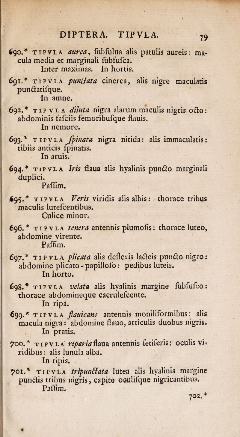 DIPTERA, TIPVLA, 79 690. * tipvla aurea, fubfulua alis patulis aureis: ma¬ cula media et marginali fubfufca. Inter maximas. In hortis. 691. * tipvla punffata cinerea, alis nigre maculatis pundatifque. In amne. 692. * tip vl a diluta nigra alarum maculis nigris odo: abdominis fafciis femoribufque flauis. In nemore. 693. * tipvla fpinata nigra nitida: alis immaculatis: tibiis anticis ipinatis. In aruis. 694. * tipvla Iris flaua alis hyalinis pundo marginali duplici. Pafflm. tipvla Veris viridis alis albis: thorace tribus maculis lutefcentibus. Culice minor. 696. * tipvla tenera antennis plumofis: thorace luteo, abdomine virente. Pafflm. 697. * tipvla plicata alis deflexis ladeis pundo nigro: abdomine plicato ^papillofo: pedibus luteis. In horto. 698. * tipvla velata alis hyalinis margine fubfufcos thorace abdomineque caerulefcente. In ripa. 699. * tipvla flauicans antennis moniliformibus: alk macula nigra t abdomine flauo, articulis duobus nigris. / In pratis. 700. * tipvla riparia flaua antennis fetiferis: oculis vi¬ ridibus : alis lunula alba. In ripis. 701. * tipvla tripun&ata Iiitea alis hyalinis margine pundis tribus nigris , capite oeulifque nigricantibus. Paflim, 702. * «