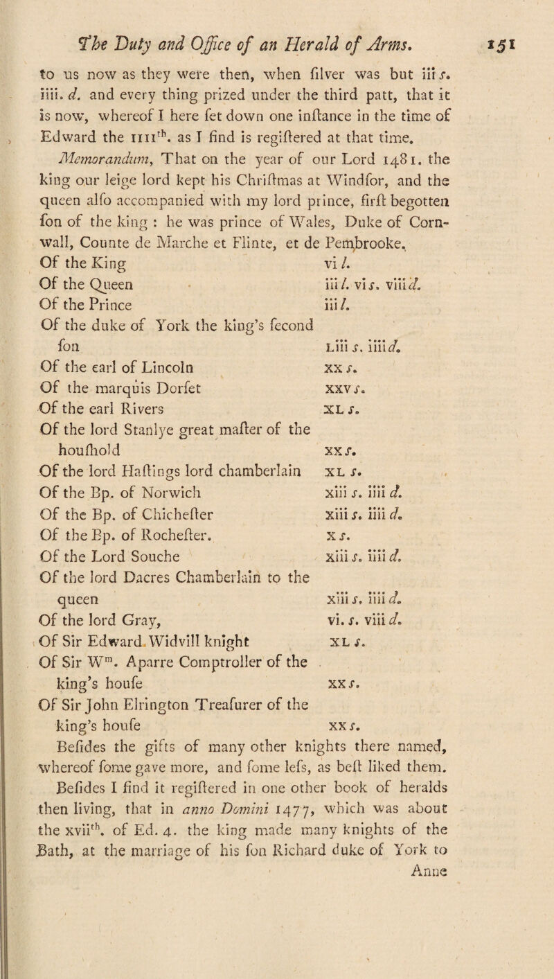 to us now as they were then, when filver was but in s. iiii. d. and every thing prized under the third patt, that it is now, whereof I here fet down one inttance in the time of Edward the imth. as I find is regittered at that time. Memorandum, That on the year of our Lord 1481. the king our leige lord kept his Chrittmas at Windfor, and the queen alfo accompanied with my lord prince, firtt begotten fon of the king : he was prince of Wales, Duke of Corn¬ wall, Counte de Marche et Flinte, et de Pembrooke. Of the King Of the Queen Of the Prince Of the duke of York the king’s fecond fon Of the earl of Lincoln Of the marquis Dorfet Of the earl Rivers Of the lord Stance great matter of the houttiold Of the lord Huttings lord chamberlain vi /. 111 /. vis. vnia. iii /. **• ® •• • V L111 s. 1111 d. xx $. XXV s. XL S. XX s. XL S. Of the Bp. of Norwich Of the Bp. of Chichefter Of the Bp. of Rochetter. Of the Lord Souche Of the lord Dacres Chamberlain to the queen Of the lord Gray, Of Sir Edward-Widvill knight »»»« fc xiii s. 1111 a. xiii s. iiii d. xs. • • • a * « s> X xair. 1111 a. •a# 9999 2 Xilir, illl a. vi. s. viii d. XL S, Of Sir Wm. Aparre Comptroller of the king’s houfe xxs. Of Sir John Elrington Treafurer of the king’s houfe xxs. Befides the gifts of many other knights there named, whereof feme gave more, and feme lefs, as belt liked them. Befides I find it regittered in one other book of heralds then living, that in anno Domini 1477, which was about the xviith. of Ed. 4. the king made many knights of the Bath, at the marriage of his fen Richard duke of York to Anne