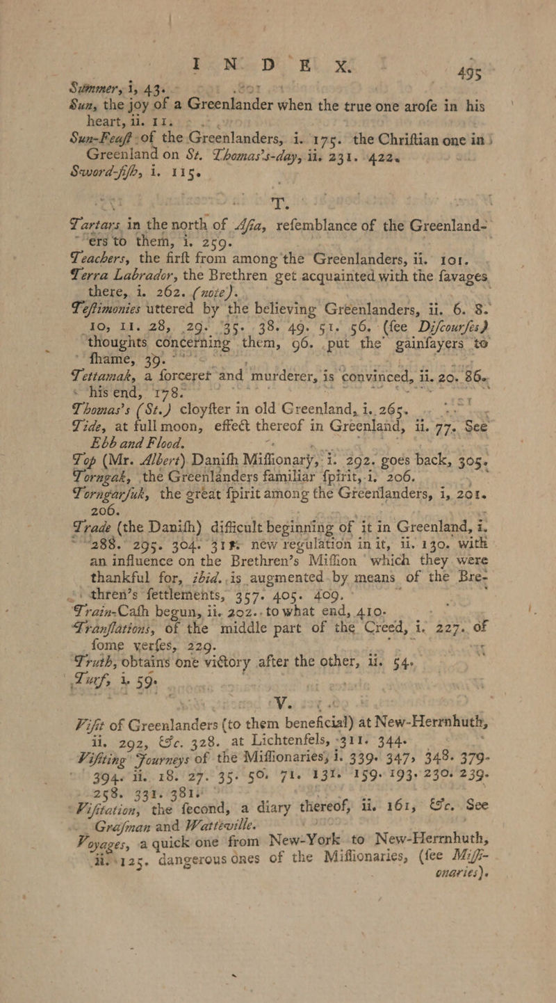 Summer, i 1, 43+. Sun, the j joy. of a Pa ee he the true one arofe in his heart, il. 11: - Sun-Feaft :of the Cacseh nieces 1. 175. the Chriftian one in) Greenland ¢ on St, Lhomas’s-day, ii. 231. 422s Sword-ifh, 1. 1 rat Tartars, in the north of Afia, refemblance of the Greenland- “ers 'to them, i. 259. | Teachers, the firft from among the Greenlanders, i i,” 101. Terra Labrador, the Brethren get acquainted with the favages there, i. 262. (note). Teftimonies uttered by the believing Greenlanders, i 11,08. 10, II. 28, ‚29. 35. 38. 49. 51. 56. (fee Dikourfes) ‘thoughts concerning. them, 96. ‚put the’ gainfayers to ‘ fhame, 39 Tettamak, a foröeret and murderer, i is convinced, ii. 20. ‚36. « his end, 178. 5 Thomas’s (St.) cloyfter in old Giealand. i. 265. TR Tide, at tullmoon, effect thereof i in Greenland, il. 77. See Ebb and Flood. Top (Mr. Albert) Danith Miffionary i: 292. goes back, 305. Torngak, the Greenlanders familiar fpirit,-i. 206. Torngarfuk, the great {pirit among the Greenlanders, i, zot. 200. Trade (the Danith) dificult beginning of it in Greenland, i, “288. 295. 304. 31% new regulation init, ii.130. with an influence on the Brethren’s Miflion ‘which they were thankful for, zbid. is augmented by, means of the Bre- ‚ thren’s fettlements, 357. 405. 409. Train-Cafh begun, ii. 202..towhat end, 410 ; Tranflations, of the middle part of the Creed, Au 227. 0F fome verfes, 229. 7 ruth, obtains one victory after the ne tr are i ) CV. Vifit of Greenlanders (to them beneficial) at New- Herrnhuch, ii. 292, &amp;e. 328. at Lichtenfels, 311. 344. Vifiting Fourneys of the Miflionaries, i. 339. 347, 348- 379- ‘ 394: il. ı8. Kr 35. 50. Tie 131. 159. 193» 23% 239- eel 4.7 I. F: Seana tie feeattd; a diary thereof, ii. ei; Gr. Grajman and Watteville. Voyages, aquick one from New-York to New-Hermhuth, div\125. dangerous Ones of the Miflionaries, (fee Mz/- | onaries).