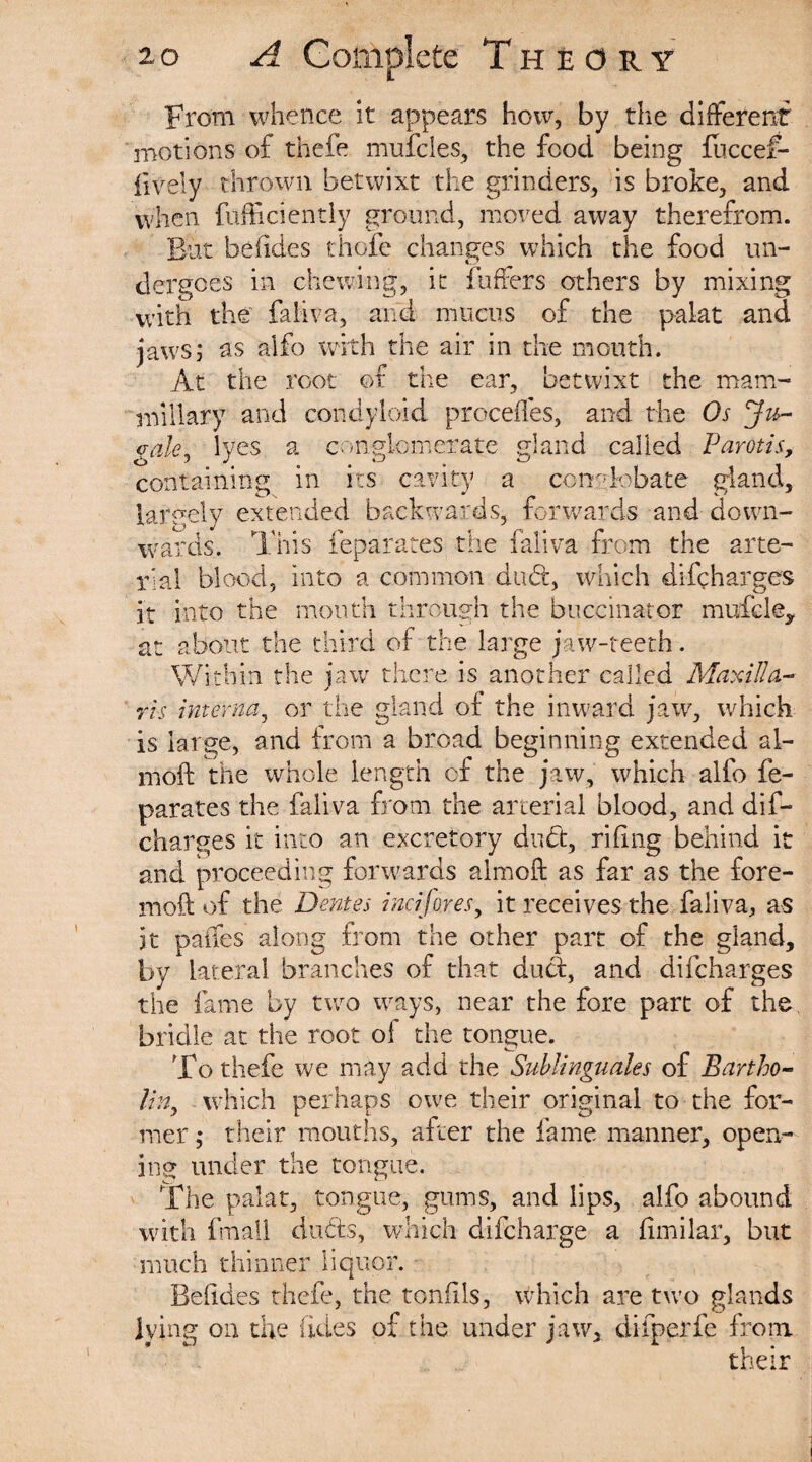 From whence it appears how, by the different motions of thefe mufcles, the food being fuccef- fively thrown betwixt the grinders, is broke, and when fufficiently ground, moved away therefrom. But befides thole changes which the food un¬ dergoes in chewing, it buffers others by mixing with the faliva, and mucus of the palat and jaws; as alfo with the air in the mouth. At the root of the ear, betwixt the mam¬ millary and condyloid precedes, and the Os Ju- eak, lyes a conglomerate gland called Parotis, containing in its cavity a conglobate gland, largely extended backwards, forwards and down¬ wards. This Separates the faliva from the arte¬ rial blood, into a common dud:, which difeharges it into the month through the buccinator mufcle, at about the third of the large jaw-teeth. Within the jaw there is another called Maxilla- ris interna, or the gland of the inward jaw, which is large, and from a broad beginning extended al- moft the whole length of the jaw, which alfo fe- parates the faliva from the arterial blood, and dif¬ eharges it into an excretory dubt, rifing behind it and proceeding forwards almoft as far as the fore- moft of the Dentes incifores, it receives the faliva, as it paffes along from the other part of the gland, by lateral branches of that duel, and difeharges the fame by two ways, near the fore part of the bridle at the root ol the tongue. To thefe we may add the Sublinguales of Bartho¬ lin, which perhaps owe their original to the for¬ mer ; their mouths, after the fame manner, open¬ ing under the tongue. The palat, tongue, gums, and lips, alfo abound with fmail dufts, which difeharge a fimilar, but much thinner liquor. Befides thefe, the tonfils, which are two glands lying on the fid.es of the under jaw, difperfe from their