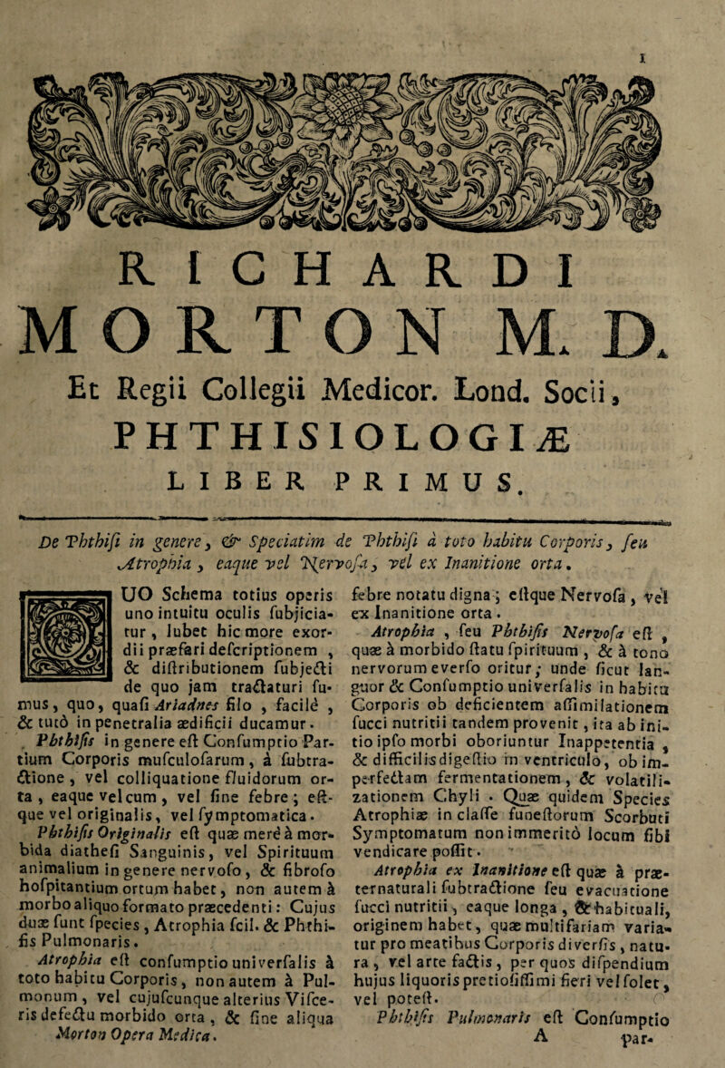 X RICHARDI Et Regii Collegii Medicor. Lond. Socii, PHTHISIOLOGItE LIBER PRIMUS. De Vhthifi in genere> & Speciatim de Vhthifi d toto habitu Corporis, feu ^Atrophia , eaque vel V{ervofa, vel ex Inanitione orta • febre notatu digna; ettque Nervofa , vel ex inanitione orta. Atrophia , feu Pbtbijts Nervofa e fi , quae h morbido flatu fpirituum , Sc h tono nervorum everfo oritur; unde fient lan¬ guor & Confumptio univerfalis in habitu Corporis ob deficientem afTimilationem fucci nutritii tandem provenit, ita ab ini¬ tio ipfo morbi oboriuntur Inappetentia , perfedam fermentationem , volatili- zationem Chyli . Quas quidem Species Atrophiae in claffe funeftorum Scorbuti Symptomatum non immerito locum fibl vendi care poffit. Atrophia ex Inanitione eft quas kprx- ternaturali fubtra&ione feu evacuatione fucci nutritii, eaque longa , &'habituali, originem habet, quae multifariam varian¬ tur pro meatibus Corporis diverfis , natu¬ ra , vel arte fattis , per quos difpendium hujus liquoris pretiofiffimi fieri veifolet, vel poteft» Pbtbijts Pulmonaris eft Confumptio A par- UO Schema totius operis uno intuitu oculis fubjicia- tur, lubec hic more exor¬ dii prasfiari deferiptionem , & diftributionem fubje&i de quo jam tra&aturi fu¬ mus , quo, quafi Ariadnes filo , facild , & tutd in penetralia aedificii ducamur» Pbtbijts in genere efl Confumptio Par¬ £Uone , vel colliquatione fluidorum or¬ ta , eaque vel cum, vel fine febre; e&- que vel originalis, vel fy mptomatica. Pbtbijts Originalis eft quas merda mor¬ bida diathefi Sanguinis, vel Spirituum animalium in genere nervofo, & fibrofo hofpitantium ortum habet, non autem & morbo aliquo formato praecedenti: Cujus dux funt fpecies , Atrophia fcil. & Phthi» fis Pulmonaris. Atrophia eft confumptio uni verfalis h toto habitu Corporis, non autem h Pul¬ monum, vel cujufcunque alterius Vifce- ris defe&u morbido orta, & fine aliqua Norton Opera Medica. MORTON M.