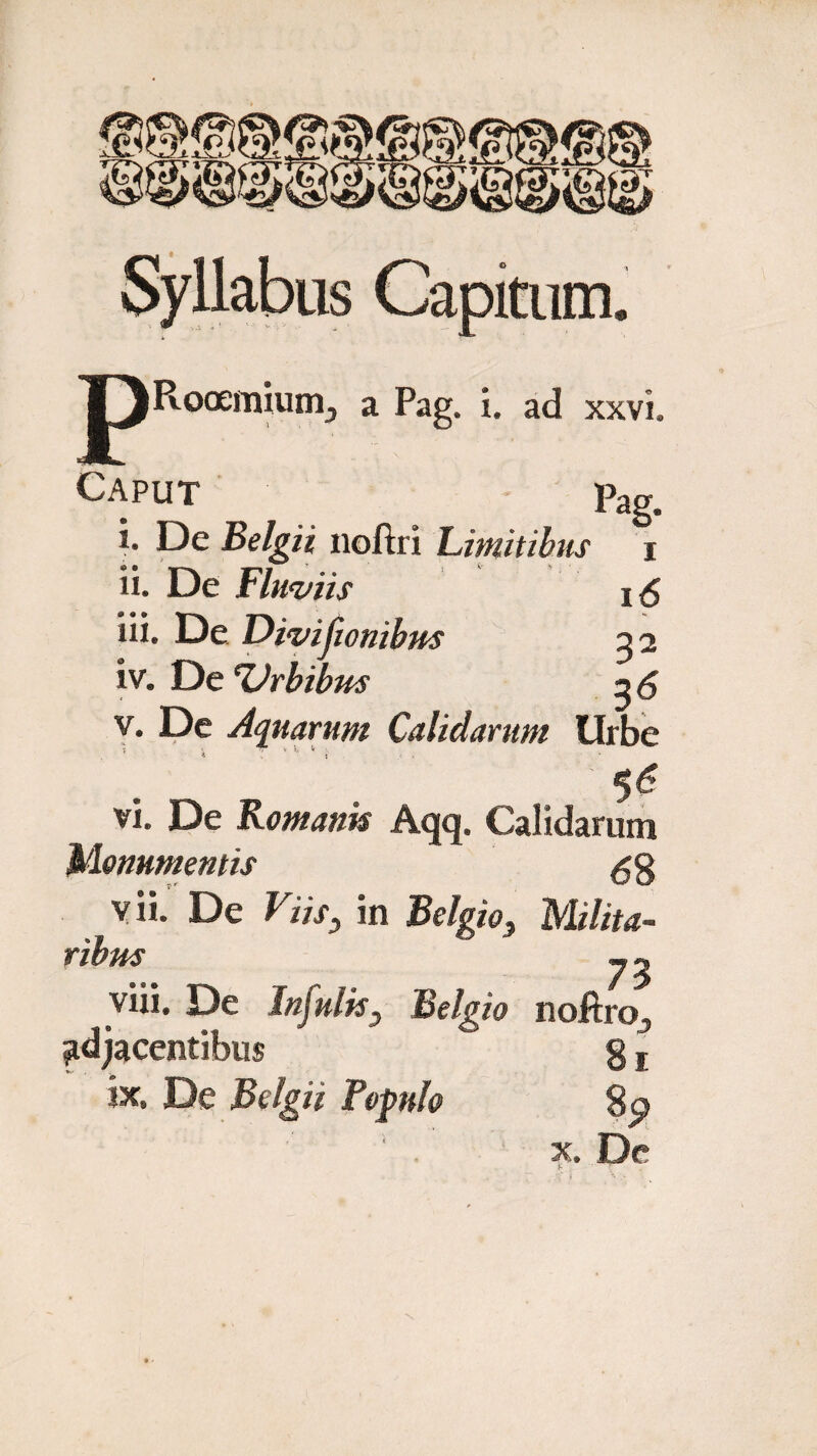 p Rooemiunr, a Pag. i. ad xxvi. Caput pag. i. De Belgii noflri Limitibus i ii. De Fluviis x5 iii. De Divijionibus ^2 iv. De ‘Urbibus 2 5 v. De Aquarum Calidarum Urbe ’ * '* 1 i' $6 vi. De Romanis Aqq. Calidarum Monumentis ^g vii. De Viis, in Belgio, Milita¬ ribus 73 viii. De Infulis, Belgio noftro, gd jacentibus g, «c. De Belgii Populo gp
