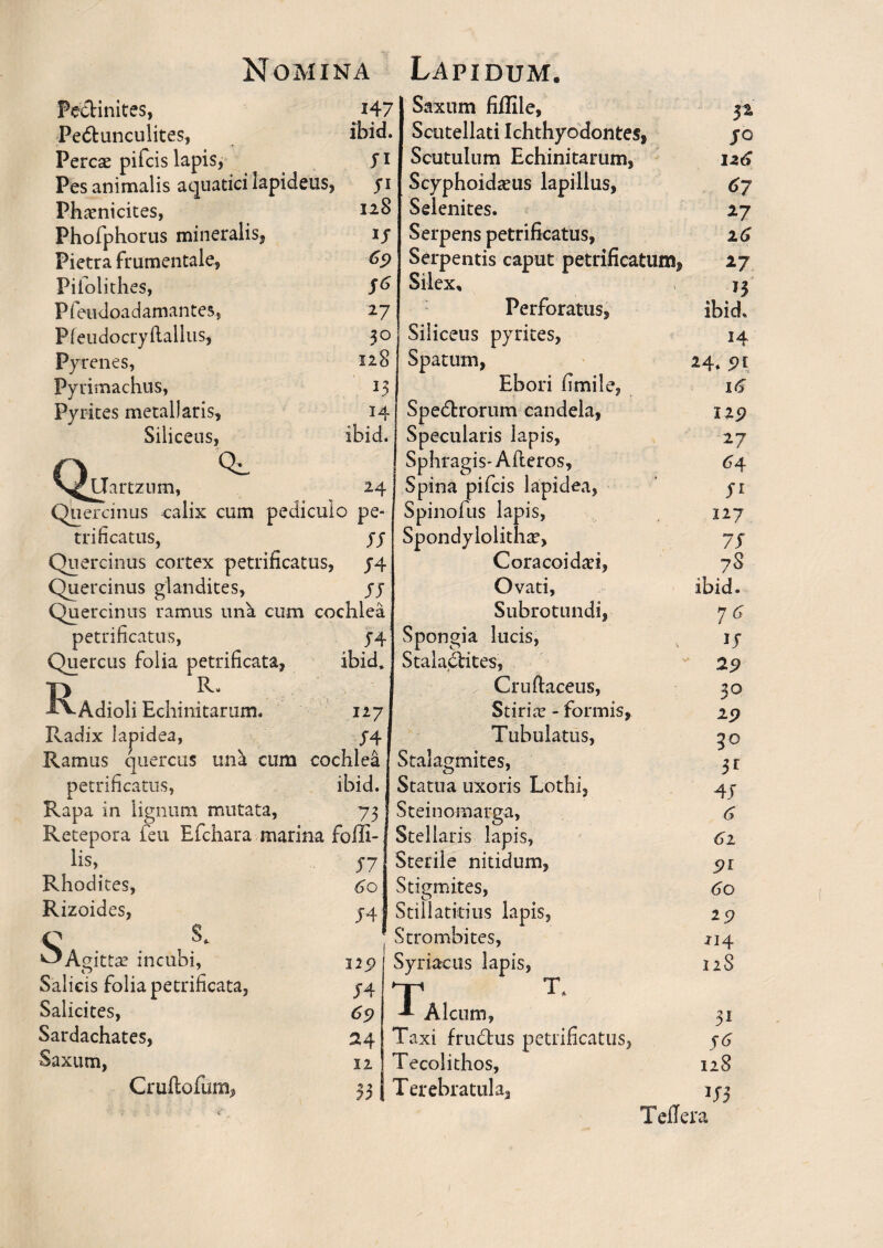 JI fi 128 56 27 30 128 13 14 24 Nomina Fedtinites, i47 Pe&unculites, Percae pifcis lapis, Pes animalis aquatici lapideus Phaenicites, Phofphorus mineralis* Pietra frumentale* Pilolithes, Pfendoadamantes, Pfeudocryltallus, Pyrenes, Pyrimachus, Pyrites metallaris. Siliceus, o ^ N^Uartzum, Quercinus calix cum pediculo pe- trificatus, yy Quercinus cortex petrificatus, J4 Quercinus gl an dites, yy Quercinus ramus una cum cochlea petrificatus, j4 Quercus folia petrificata, ibid, R. R- Adioli Echinitarum. 127 Radix lapidea, J4 Ramus quercus una cum cochlea petrificatus, ibid. Rapa in lignum mutata, 73 Retepora feu Efchara marina folli- lis, Rhodites, Rizoides, C ^Agitta? incubi, Salicis folia petrificata, Salicites, Sardachates, Saxum, CruUofum, S. 57 60 J4 129 J4 69 24 11 33 Lapidum. Saxum fiffile, Scutellati Ichthyodontes, Scutulum Echinitarum, Scyphoidatus lapillus, Selenites. Serpens petrificatus, Serpentis caput petrificatum, Silex, Perforatus, Siliceus pyrites, Spatum, Ebori fimile, Spedfcrorum candela, Specularis lapis, Sphragis- Alteros, Spina pifcis lapidea, Spinolus lapis, Spondylolithat, Cora coi dati, Ovati, Subrotundi, Spongia lucis, Stala&ites, Cru flaccus, Stiriae - formis* Tubulatus, Stalagmites, Statua uxoris Lothi, Steinomarga, Stellaris lapis, Sterile nitidum, Stigmites, Stillaticius lapis, Strombites, Syriacus lapis, T* ■* Aleum, Taxi f rufius petrificatus, Tecolithos, Terebra tui a3 51 I o <57 16 17 H ibid* H 24* 91 16 129 27 64 5l 327 75 78 7 6 ij 29 30 19 40 4J 6 62 n 60 29 114 nS 5<5 128 Tellera