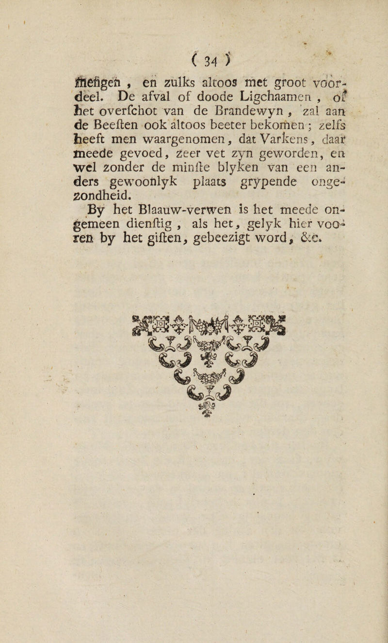 fflefigéh , en zulks altoos met groot voor¬ deel. De afval of doode Ligchaamen , of het overfchot van de Brandewyn , 'zal aau de Beeften ook altoos beeter bekomen ; zelfs heeft men waargenomen, dat Varkens, daar meede gevoed, Zeer vet zyn geworden, en wel zonder de minile blyken van een an¬ ders gewooiilyk plaats grypende onge¬ zondheid. By het Blaauw-verwen is het meede on¬ gemeen dienftig , als het, gelyk hier voo- ren by het giften, gebeezigt word, öx.
