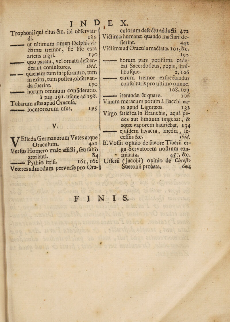 Trophonii qui ritus &c. ibi obfervan- ,-- ut ultimum omen Delphis vi- dtimas tremor, fic hic exta arietis nigri. *90 - quo paratu, vel ornatu defeen- derint confultores. ibid» — — qurenam tum in ipfo antro, tum in exitu, tum poftea,obfervan- da fuerint. l?° i -.-- horum omnium confideratio. a pag. ipi^ufquead 198. Tubarum ufus apud Oracula. - — locutoriarum ufus. i9S V. VElleda Germanorum Vates atque Oraculum. 421 Verfus Homero male afficti, feu fallo attributi. ^4 lmm—m Pythiae irrifi. 161,162 Veteres admodum perfcrfcprp Ora¬ culorum defedtu adduci. 472 Vidtimsehumanx quando madtari de- fierint. 442 Vi&imxad Oracula madtatx. ioi,&c. 192 -■ -—« horum pars potiffima cede' bat Sacerdotibus, popis, fimi- libufque. 2,106 . - earum tremor exfpedtandus confulturis pro ultimo omine. 108,109 .— iterandae & quare. ic6 Vinum meracum potum a Bacchi va¬ te apud Ligurxos. 132 Virgo fatidica in Branchis , aqui pe¬ des aut limbum tingebat, & aqux vaporem hauriebat. 134 ■ h.— cjufdcm lavacra, media, fe- ceffus &c. ibid. If.Volfn opinio de favore Tiberii er¬ ga Servatorem noltrum exa- - minata* 4^7» &c* Uflerii (Jacobi) opinio de Chreflo Suetonii probata, 6©4