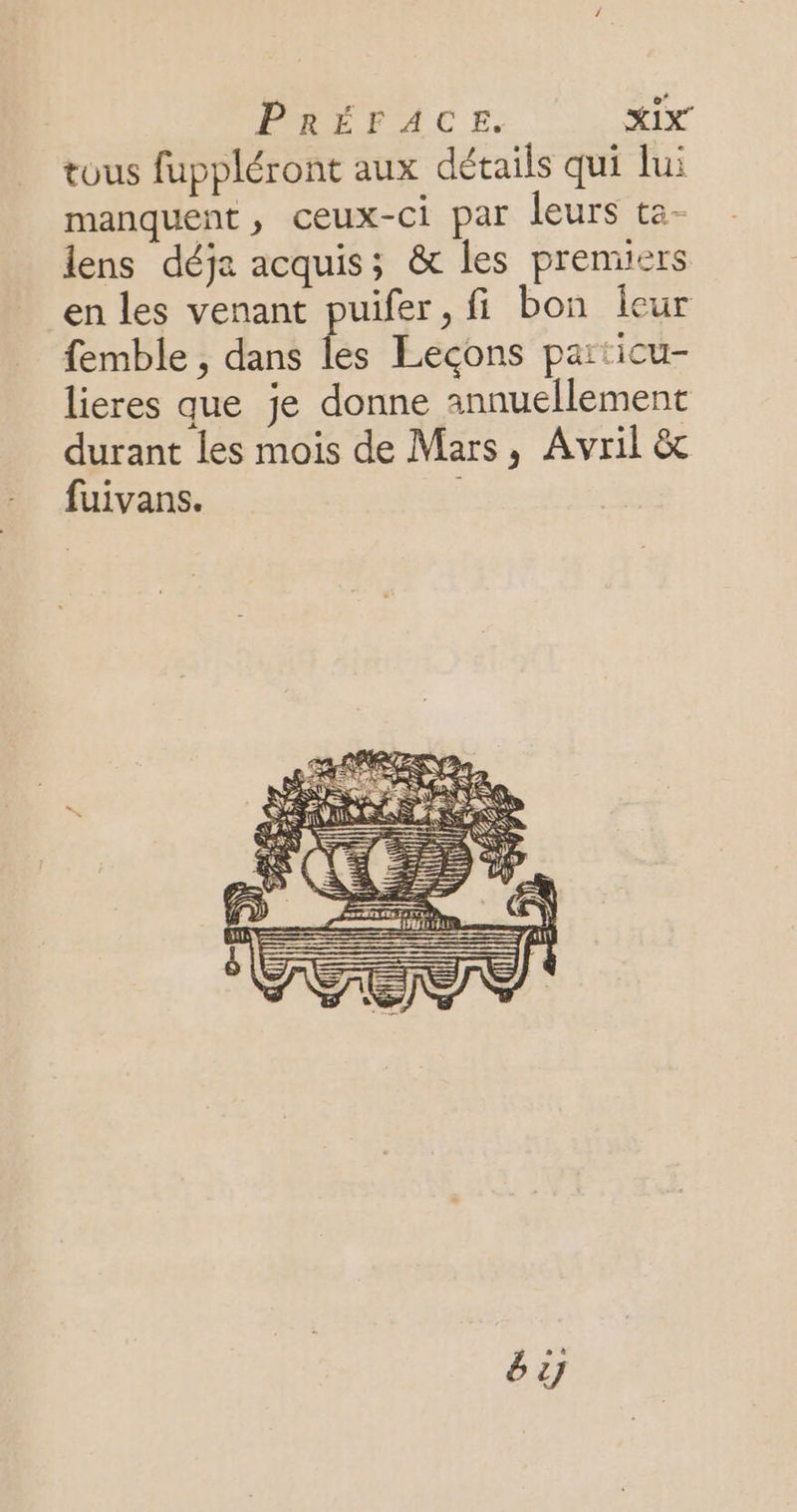 tous fuppléront aux détails qui lui manquent, ceux-ci par leurs ta- lens déja acquis; &amp; les premiers en les venant puifer, fi bon leur femble , dans fs Éecons particu- lieres que je donne annuellement durant les mois de Mars, Avril &amp; fuivans. | GX,