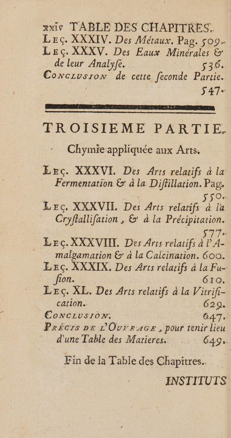 LEc. XXXIV. Des Métaux. Pag. 509. LEeç. XXXV. Des Eaux Minérales &amp; de leur Analyfe. | 536% Concrusrow de cette feconde Partie. a 5 47° RE ER tt NS e &lt;-. TROISIEME PARTIE. Chymïe-appliquée anx Arts. LEc. XXXVI. Des Arts relatifs à la Fermentation &amp; à la Diflillation. Pag, | nr s50. LEc. XXXVII Des Arts relatifs à la Cryflallifation ; &amp; à la Précipitation. 577» LEec.XXXVIIL. Des Arts relatifs à L A- __ malgamation &amp; à la Calcination. 600. LEç. XXXIX. Des Arts relatifs à La Fu- fion. 610. LEc. XL. Des Aris relatifs à la Virrifi- NT GAONe 629. ConcLusrdN. 647. Précrs pe r'Ovrrace, pour tenir lieu d'une Table des Matieres. 649. Fin de la Table des Chapitres. INSTITUTS