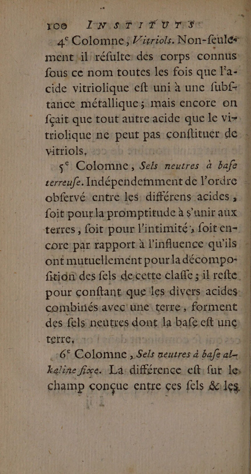 Los ZM TRE 4° Colomne, Vütriols. Non-feules ment il réfulte dés corps connus cide vitriolique eft uni à une fubf- tance métallique; mais encore on fçait que tout autre acide que le vi= triolique ne peut pas conflitner de vitriols, s° Colomne, Sets neutres à bafe obfervé entre les différens acides, foit pourlapromptitude à s’anir aux terres, foit pour l'intimité; foiten- ont mutuellement pourladécompo: fitidn des fels decette claffe ; il refte. pour conftant que les divers acides: combinés avec une terre; forment des fels neutres dont la bafeeft une . TSITC, Fe |