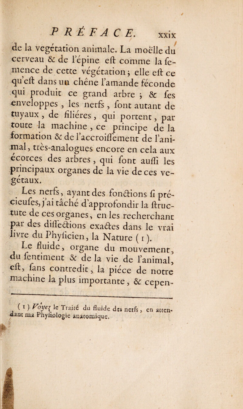 de la végétation animale. La moelle du cerveau & de l’épine eft comme la fe- nience de cette végétation ; elle eft ce qu eft dans un chêne l’amande féconde qui produit ce grand arbre j & fes enveloppes , les nerfs , font autant de tuyaux , de filières, qui portent, par toute la machine , ce principe de la formation & de l’accroiflement de l’ani- niai 5 tres-analogues encore en cela aux ecorces des arbres, qui font aufli les principaux organes de la vie de ces vé¬ gétaux. Les nerfs, ayant des fondions fi pré- cieufes, j ai tâché d’approfondir la ftrnc- tute de ces organes, en les recherchant par des diffedions exades dans le vrai iivie du Phylicien, la Nature ( r ). Le fluide, organe du mouvement, du fentiment & delà vie de l’animal, eft, fans contredit, la pièce de notre machine la plus importante, & cepen- ( i ) Voye{ le Traité du fluide des nerfs > en atten» 4ant ma Phyflologie anatomique.