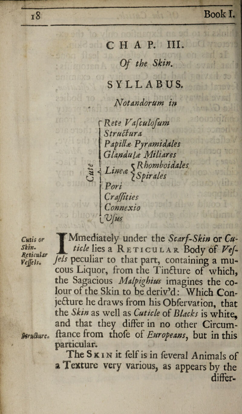 CHAP. III. Of the Skitt. SYLLABUS. Notandorum in «v> St f Rets Vafculofum Strutt ura Papilla Pyr ami dales Glandula Miliares , r . \Rhomboidales 4 Linea < c . , 1 \Spirales Pori Craffities Connexio Ujus Cutis or TTMmediately under the Scarf-Skin or Ca- feti'cuiar A. lies a Reticular Body of Vef Vejfelsfr Je*s peculiar to that part, containing a mu¬ cous Liquor, from the Tinfture of which, the Sagacious Malpighim imagines the co¬ lour of the Skin to be deriv’d: Which Con- jefture he draws from his Obfervation, that the Skin as well as Cuticle of Blacks is white, and that they differ in no other Circum- Mru&rn* ftance from thofe of Europeans, but in this particular. The S k i n it felf is in feveral Animals of a Texture very various, as appears by the differ-