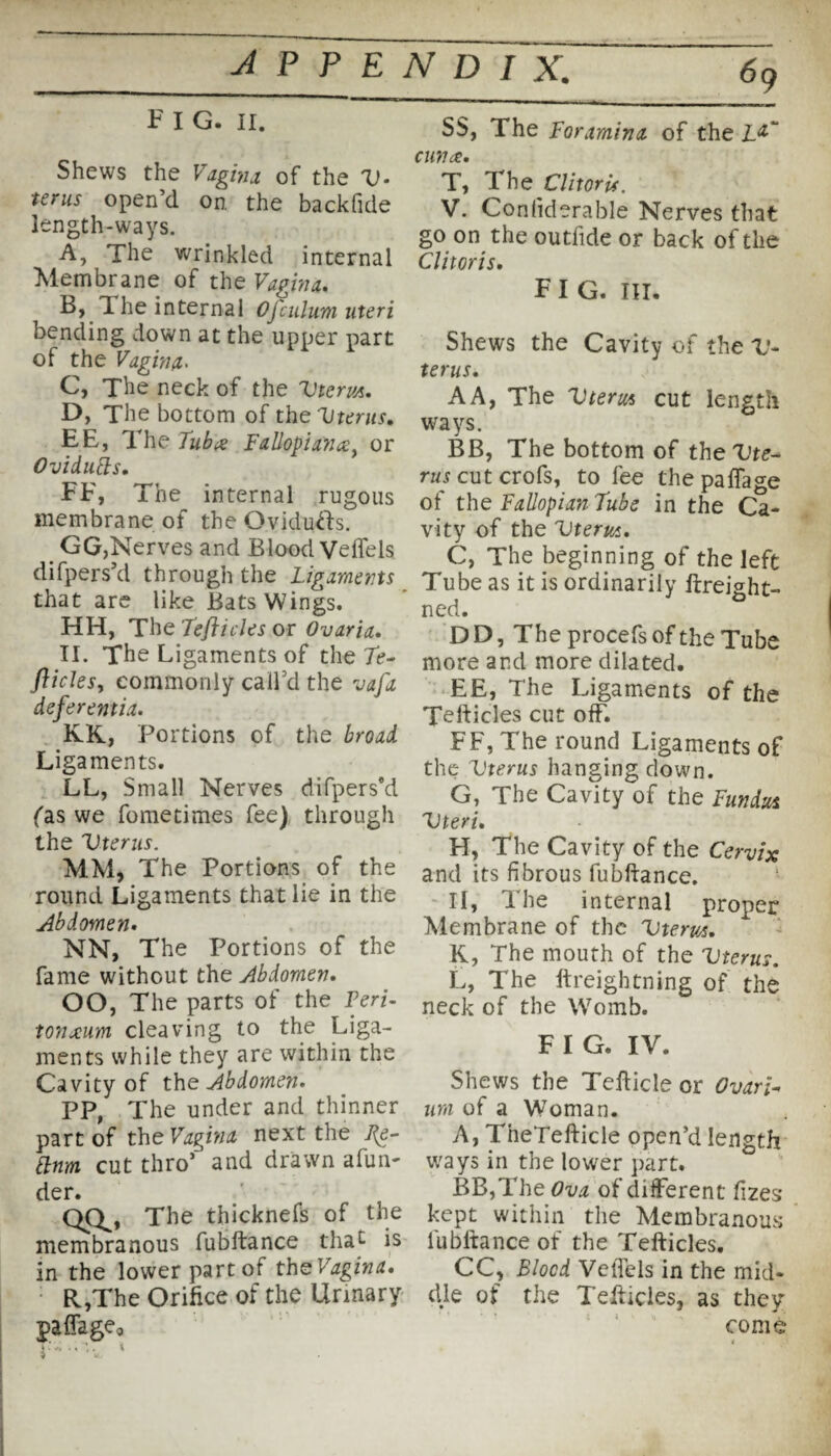 F I G. II. Shews the Vagina of the V- terns open’d on. the backfide length-ways. A, The wrinkled internal Membrane of the Vagina. B, The internal Oj'culum uteri bending down at the upper part of the Vagin a. C, The neck of the Uterus. D, The bottom of the Uterus. EE, The Tubx Fallopianxy or Ovidufts. FF, The internal rugous membrane of the Ovidufts. GG,Nerves and Blood Veflels difpers’d through the Ligaments that are like Bats Wings. HH, The Tefticles or Ovaria. II. The Ligaments of the 7k- fliclesy commonly call’d the vafa deferentia. KK, Portions of the broad Ligaments. LL, Small Nerves difpers*d fas we fometimes fee) through the Uterus. MM, The Portions of the round Ligaments that lie in the Abdomen. NN, The Portions of the fame without the Abdomen. OO, The parts of the Peri- tonxum cleaving to the Liga¬ ments while they are within the Cavity of the Abdomen. PP, The under and thinner part of the Vagina next the J{e- Bnm cut thro’ and drawn afun- der. QC^, The thicknefs of the membranous fubftance that is in the lower part of the Vagina. R,The Orifice of the Urinary paffage, T‘ 1 *• i SS, The Foramina of the L** cunx. T, The Clitoris. V. Confiderable Nerves that go on the outfide or back of the Clitoris. fig. III. Shews the Cavity of the 1?- terus. A A, The Uterus cut length ways. BB, The bottom of the Ute¬ rus cut crofs, to fee the paffage of the Fallopian Tube in the Ca¬ vity of the Uterus. C, The beginning of the left Tube as it is ordinarily ftreiaht- ned. D D, The procefs of the Tube more and more dilated. EE, The Ligaments of the Tefticles cut off. FF, The round Ligaments of the Uterus hanging down. G, The Cavity of the Fundus Uteri. H, The Cavity of the Cervix and its fibrous fubftance. II, The internal proper Membrane of the Uterus. K, The mouth of the Uterus. L, The ftreightning of the neck of the Womb. F I G. IV. Shews the Tefticleor OvarT urn of a Woman. A, TneTefticle open’d length ways in the lower part. BB,The Ova of different fizes kept within the Membranous fubftance of the Tefticles. CC, Blood Veflels in the mid¬ dle of the Tefticles, as they come <