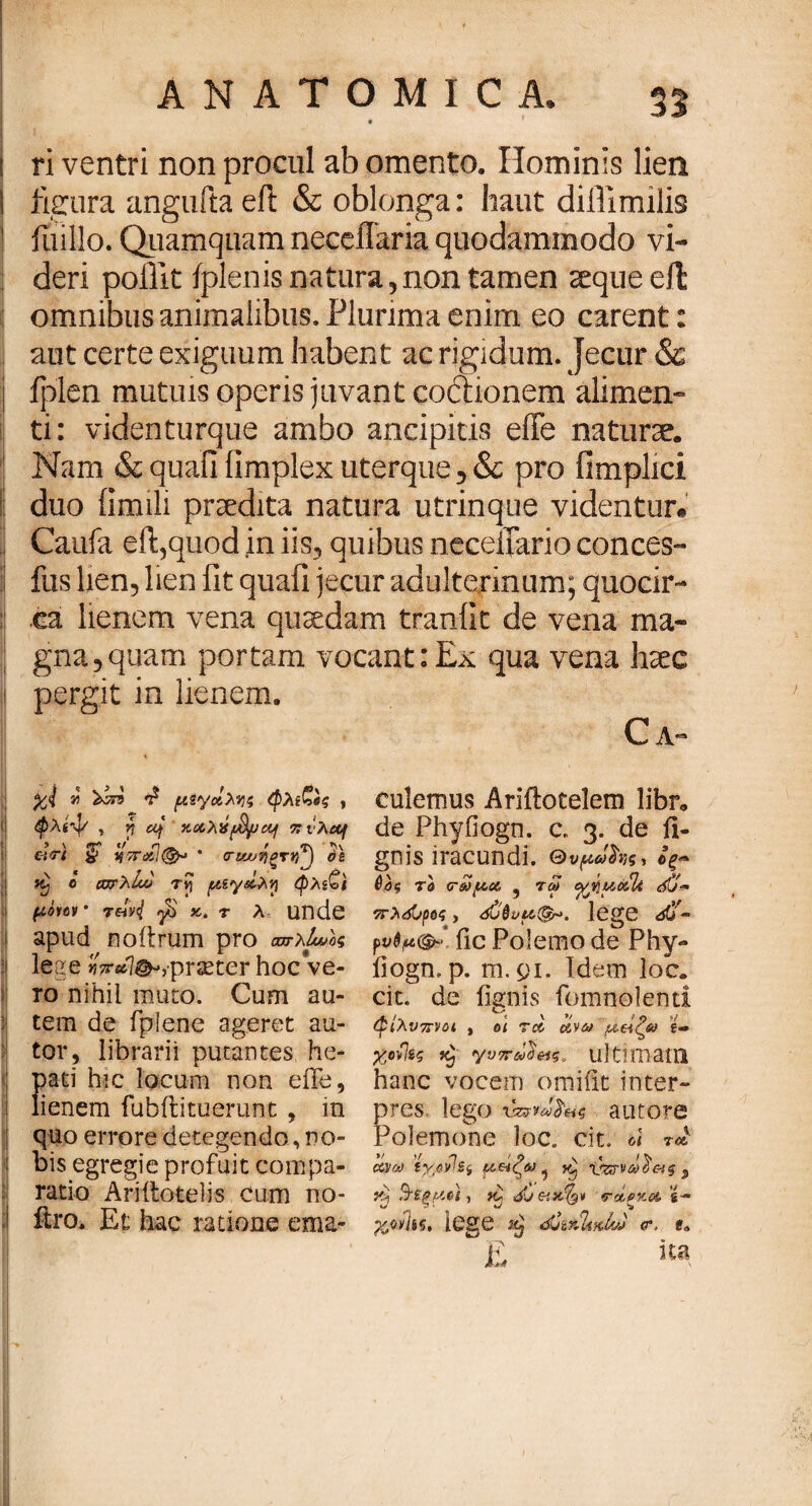 η ri ventri non procul ab omento. Hominis lien figura anguftaeft & oblonga: haut difilmilis fuillo. Quamquam neceffaria quodammodo vi¬ deri pofiit /plenis natura , non tamen seque eft omnibus animalibus. Plurima enim eo carent: aut certe exiguum habent ac rigidum. Jecur & iplen mutuis operis juvant codionem alimen¬ ti: videnturque ambo ancipitis effe naturae. I Nam & quafi iimplex uterque 5 &: pro ilmplici duo iimili praedita natura utrinque videntur* 3 Caufa eft,quod in iis, quibus neceffario conces- fus lien, lien fit quafi jecur adulterinum; quocir¬ ca lienem vena qusedam tranfit de vena ma- ; gna,quam portam vocant:Ex qua vena hxc i pergit in lienem. I * j? ^5 τ5 μζγοίλϊ]<; ψλίΟς , φλίψ , y\ Uf χοίλχβμαι πι Xetf «VI & ηπΆΐ{&> ' (τι/χ/^ξτ^ κ} ο οστλίου rvj φλί£ι μόην τ&Η γΐ χ. τ λ unde apud noitrum pro αχτλία/ος lege -praeter hoc've¬ ro nihil muto. Cum au¬ tem de fplene ageret au- tor, librarii putantes he- : pati hic locum non effe, I lienem fubftituerunt , in ' quo errore detegendo, no- ! bis egregie profuit compa¬ ratio Ariitotelis cum no- I ftro. Et hac ratione ema- Ca- culemus Ariftotelem libr. de Phyfiogn. c. 3. de il- gnis iracundi. ίξ~ βος το <τωμ& ? τω γβμόίίΐ ττλόΟρβς, d06vu<&>. lege <5ίΓ- ρν$μ<&. fic Polemo de Phy- iiogn. p. m. 91. Idem loc. cit. de lignis fomnolenti ίρίλνπνοι , οι rcc οίνω μ.βίζα t- χο{\ίζ ^ yvKutm, ultimam hanc vocem omiiit inter¬ pres lego autore Polemone loc. cit. d TC& >' >/ n > 0 s < / ts ceva iytov!Si μαζ&ι ^ jc, χ&τνωοας 5 Β’ίξμοί, di/eisifa* froifiK<& g- 5. lege cr, e0