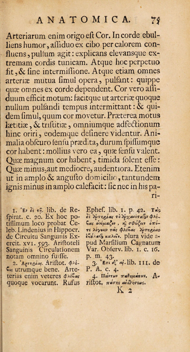 Arteriarum enim origo eft Cor. In corde ebul¬ liens humor, affiduo ex cibo per calorem con¬ fluens 5 pullum agit: explicans elevansque ex¬ tremam cordis tunicam. Atque hoc perpetuo fit 5 & fine intermiflione. Atque etiam omnes arteriae mutua fimul opera, pulfant: quippe quae omnes ex corde dependent. Cor vero alii- duum efficit motum: facitque ut arteriae quoque nullum pullandi tempus intermittant: & qui- ; dem fimul, quum cor movetur. Praeterea motus laetitiae, & triftitiae , omniumque adfeftionum hinc oriri, eodemque definere videntur. Ani- i malia obfcuro lenfu praedita, durum ipiffumque :i cor habent: mollius vero ea, quae ienfu valent» I Quae magnum cor habent, timida iblent effe: | Quae minus,aut mediocre, audentiora. Etenim i ut in amplo & angufto domicilio, tantundem ! ignis minus in amplo calefacit: fic nec in his pa¬ ri- 1. ’ερ h τη. lib. de Re- j fpirat. c. 20. Ex hoc po- tiffimum loco probat Ce- leb. Lindenius in Hippocr. dc Circuitu Sanguinis Ex- ercit. xvi. 593. Ariftoteli Sanguinis Circulationem notam omnino fiulTe. 2. ’ΑξτJJg/iW Arifiot. <p*i- utrumque bene. Arte- terias enim veteres φλεζχς quoque vocarunt. Rufus Ephef. lib. 1. p 42. t*V δε το^χ,Μότοε^ν Ο,οος ωνόμ,αζον , σ·φΰζ&ν ο7Γ&°- τι λεγοιεν τάς φλέ^οίς τ^ζ/,α^ καλπν. plura vide a-» pud Marfilium Cagnatumr Var. Obierv. lib. 1. c. i(5. p. m, 43. 3. vet< 4’ aj.lib. iu. de P. A. c. 4. 4. Πάντων 7rttQy)fttnojv, A* yiitot, πάνγΐζ <ΜοΦη<τ%ωζ%