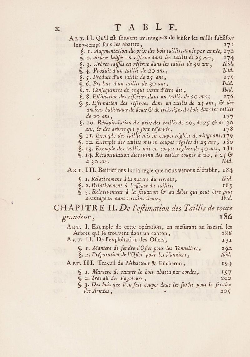Art. IL Qu’il eft fouvent avantageux de laiffer les taillis fubfifler long-temps fans les abattre, 17* i. Augmentation du prix des bois taillis, année par année, 172 §. 2. Arbres laijfés en réferve dans les taillis de 2^ ans, 174 §. 3. Arbres laijjés en réferve dans les taillis de 30 ans , ifdd. §. 4. Produit d'un taillis de 20 ans, Ibid. §. y. Produit d’un taillis de 25 ans, 17 J §. 6. Produit d'un taillis de 30 £72*, Ibid. §. 7. Conféquences de ce qui vient d’être dit, Ibid. §. 8. Eftimation des réferves dans un taillis de 20 ££*, 176 §. 9. Eftimation des réferves dans un taillis de 25 ans, &* de* anciens baliveaux de deux & de rroi* dge* dw dzzrc* les taillis de 20 ans, 177 §. 10. Récapitulation du prix des taillis de 20 > de 2$ & de 30 ans, 6r de* arbres qui y font réferves, 178 §. 11. Exemple des taillis mis en coupes réglées de vingt ans, 179 §. 12. Exemple des taillis mis en coupes réglées de 2 y ans, 180 §.13. Exemple des taillis mis en coupes réglées de 30 ans, 181 §. 14* Récapitulation du revenu des taillis coupés à 20, à 27 £r £30 ans. Ibid. Art. III. Reftriftions fur la réglé que nous venons d’établir, 184 §. 1. Relativement à la nature du terrein, Ibid. 2. Relativement à Pejfence du taillis, 18y §. 3. Relativement à la Jituation & au débit qui peut être plus avantageux dans certains lieux, Ibid. CHAPITRE IL De Lejlimation des Taillis de toute grandeur, 186 Art. I. Exemple de cette opération, en mefurant au hazard les Arbres qui fe trouvent dans un canton , 188 A R T. IL Del’ exploitation des Ofiers, 191 §. 1. Maniéré de fendre VOjîer pour les Tonneliers, 192. §. 2. Préparation de VOjîer pour les Vanniers, Ibid. Art. III. Travail de PAbatteur & Bûcheron , i<?4 §. 1. Maniéré de ranger le bois abattu par cordes, 15)7 §. 2. Travail des Fagoteurs, 200 §. 3. Des bois que Von fait couper dans les forêts pour le fervice des Armées, * 20 y