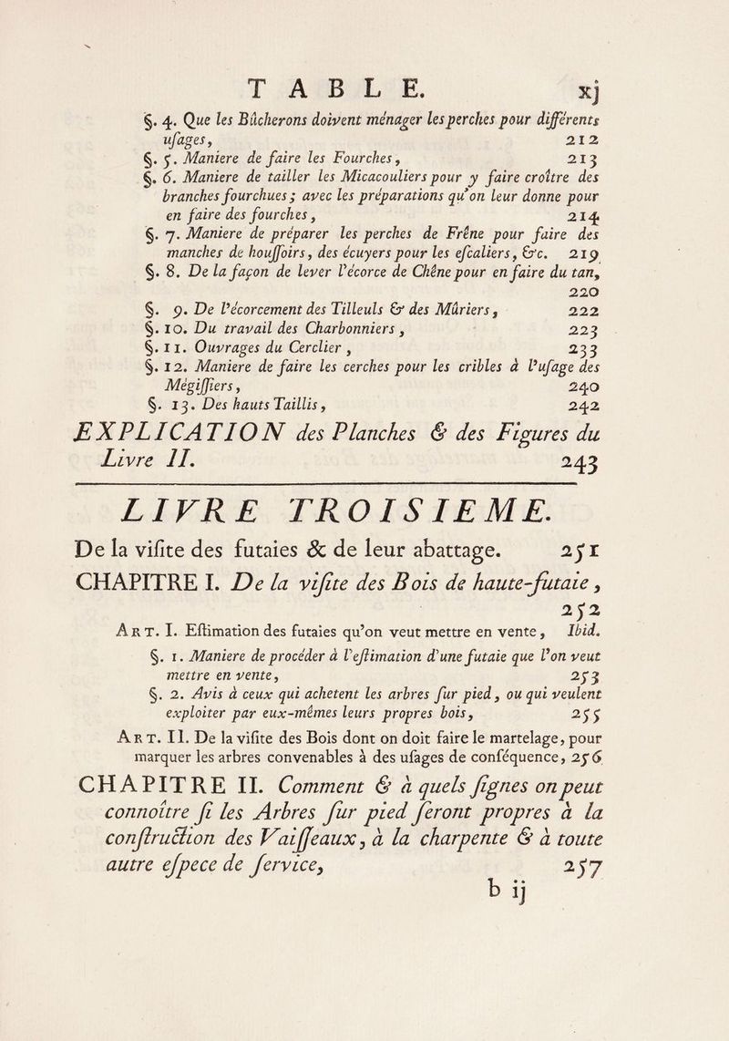 ufages, 212 §. J. Maniéré de faire les Fourches 9 213 §. 6. Maniéré de tailler les Micacouliers pour y faire croître des branches fourchues ; avec les préparations quon leur donne pour en faire des fourches, 214 §. 7. Maniéré de préparer les perches de Frêne pour faire des manches de houjfoirs, des écuyers pour les efcaliers, &c. 2ip §.8. De la façon de lever V écorce de Chêne pour en faire du tan9 220 §. 5?. De Vécorcement des Tilleuls & des Mûriers, 222 §. 10. Du travail des Charbonniers 9 223 §. 11. Ouvrages du Cerclier , 233 §. 12. Maniéré de faire les cerches pour les cribles à Vufage des MègiJJîers, 240 §. 13* Des hauts Taillis, 242 EXPLI CAT 10 N des Planches & des Figures du Livre II. 243 LIVRE TROIS IEME. De la vifite des futaies & de leur abattage. 2 J r CHAPITRE I. De la vifite des Bois de haute-futaie, 252 Art. I. Efiimation des futaies qu?on veut mettre en vente, Ibid» §. 1. Maniéré de procéder à Veflimation d'une futaie que Von veut mettre en vente, 273 §. 2. Avis à ceux qui achètent les arbres fur pieds ou qui veulent exploiter par eux-mêmes leurs propres bois9 233 Art. IL De la vifite des Bois dont on doit faire le martelage, pour marquer les arbres convenables à des ufages de conféquence, 23 6 CHAPITRE IL Comment & à quels figues on peut connoître fi les Arbres fur pied feront propres à la confiruclion des Eaiffeaux, à la charpente & a toute autre ejpece de Jervicey 2^7