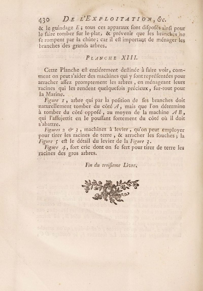 & le guîndage E ; tous ces apparaux font difpofés-ainfi pour le faire tomber fur le plat, & prévenir que les branches ne fe rompent par la chûte; car il eft important de ménager les branches des grands arbres. Planche XII h Cette Planche eft entièrement deftinée à faire voîr^ com¬ ment on peut s’aider des machines qui y font représentées pour arracher allez promptement les arbres , en ménageant leurs racines qui les rendent quelquefois précieux, fur-tout pour la Marine. t * * Figure i ? arbre qui par la pofition de fes branches doit naturellement tomber du côté A, mais que Ton détermine à tomber du côté oppofé , au moyen de la machine A B 9 qui Palfujettit en le pouffant fortement du côté ou il doit s’abattre. Figures 2 3 , machines à levier , qu’on peut employer pour tirer les racines de terre 9 & arracher les fouches ; la Figure p eft le détail du levier de la Figure y. Figure 4, fort cric dont on fe fert pour tirer de terre les racines des gros arbres. Fin du troifieme Livre*
