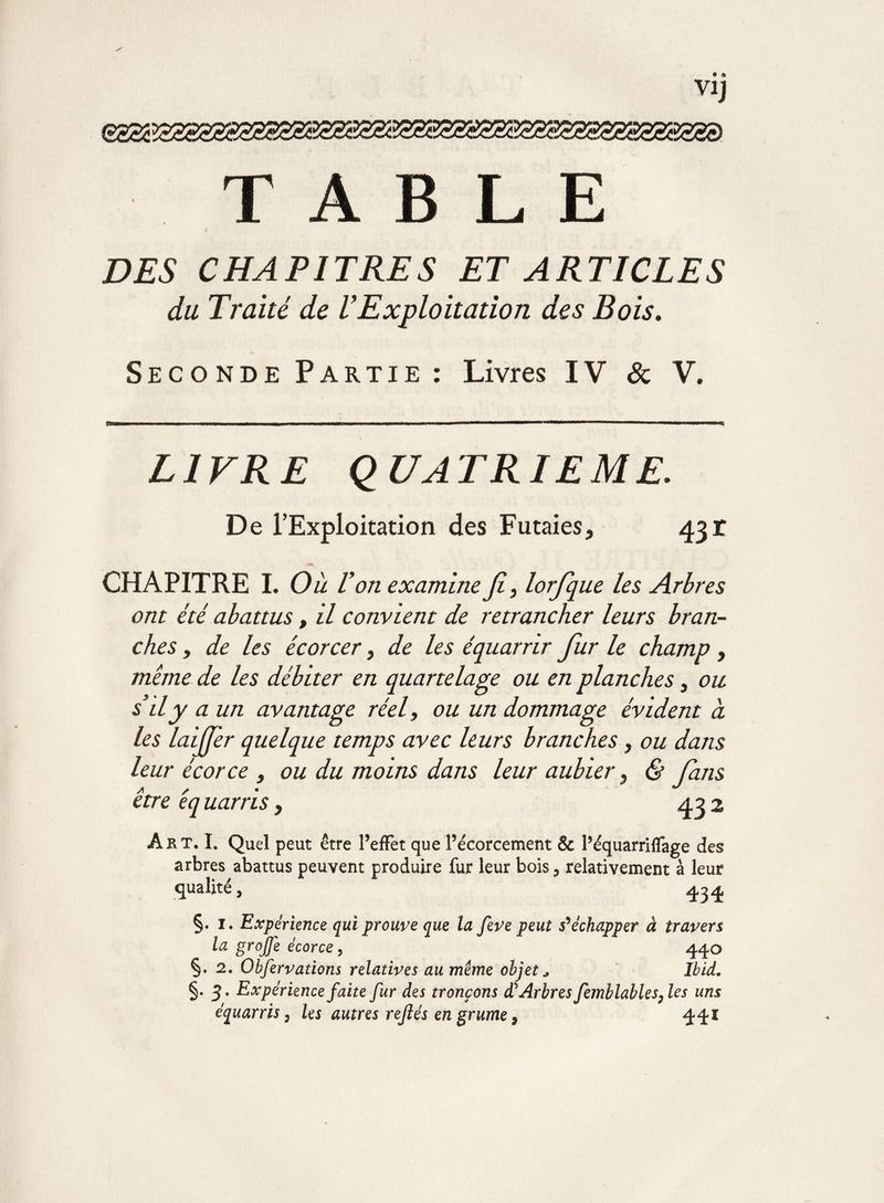 VI) 000 TABLE DES CHAPITRES ET ARTICLES du Traité de VExploitation des Bois. Seconde Partie : Livres IV & V. LIVRE QUATRIEME, De l’Exploitation des Futaies, 43 r CHAPITRE I. Ou Von examine fi, lorfque les Arbres ont été abattus, il convient de retrancher leurs bran¬ ches , de les écorcer, de les équarrir fur le champ, même de les débiter en quartelage ou en planches, ou s’il y a un avantage réel, ou un dommage évident à les laifjer quelque temps avec leurs branches, ou dans leur écorce , ou du moins dans leur aubier, & fans être éq uarris, 432 Art. I. Quel peut être l’efFet que l’écorcement & l’équarriflage des arbres abattus peuvent produire fur leur bois, relativement à leur qualité, 434 §. I. Expérience qui prouve que la feve peut s’échapper à travers la groJJ'e écorce, 440 §. 2. Obfervations relatives au même objet. Ibid. §. g. Expérience faite fur des tronçons d’Arbres femllables, les uns équarris, les autres refiés en grume} 441