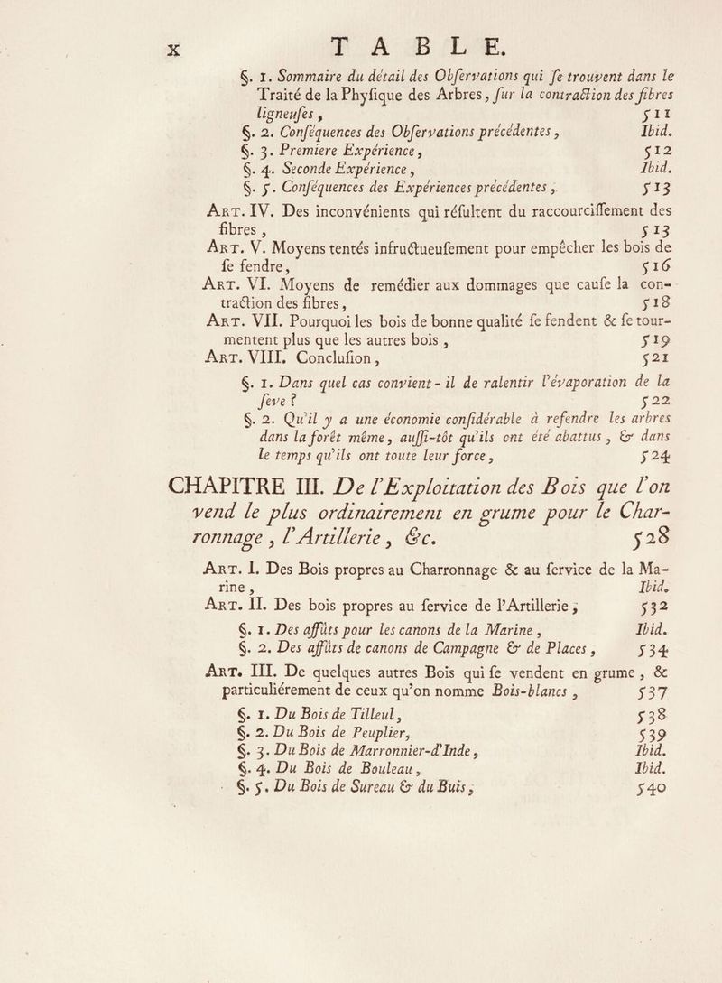 / §. i. Sommaire du détail des Obfervations qui fe trouvent dans le Traité de laPhyfique des Arbres, fur la contraction des fibres ligneufes , y I ï §. 2. Conféquences des Obfervations précédentes , Ibid. §. 3. Première Expérience, 512 §. 4. Seconde Expérience, Ibid. §. y. Conféquences des Expériences précédentes , y 13 Art. IV. Des inconvénients qui réfultent du raccourciiTement des fibres , 513 Art. V. Moyens tentés infruétueufement pour empêcher les bois de fe fendre, J 16 Art. VI. Moyens de remédier aux dommages que caufe la con- traélion des fibres, y 18 Art. VII. Pourquoi les bois de bonne qualité fe fendent & fe tour¬ mentent plus que les autres bois , S19 Art. VIII. Conclufion, J 21 §. 1. Dans quel cas convient - il de ralentir Vévaporation de la feve ? 522 §. 2. Qu il y a une économie confidérable à refendre les arbres dans la forêt même, aujji-tôt quils ont été abattus, £r dans le temps qu ils ont toute leur force, y 24 CHAPITRE III. De VExploitation des Bois que l'on vend le plus ordinairement en grume pour le Char¬ ronnage , l’Artillerie, &c. 528 Art. 1. Des Bois propres au Charronnage 8c au fervice de la Ma¬ rine , Ibid. Art. IL Des bois propres au fervice de l’Artillerie, 532 §. 1. Des affûts pour les canons de la Marine , Ibid. §. 2. Des affûts de canons de Catnpagne b de Places, y 34 Art. III. De quelques autres Bois qui fe vendent en grume , 8c particuliérement de ceux qu’on nomme Bois-blancs , y37 §. 1. Du Bois de Tilleul, 738 §. 2. Du Bois de Peuplier, 539 §. 3. Du Bois de Marronnier-d'Inde, Ibid. §. 4. Du Bois de Bouleau, Ibid. ■ §.5 .Du Bois de Sureau b du Buis, y 40