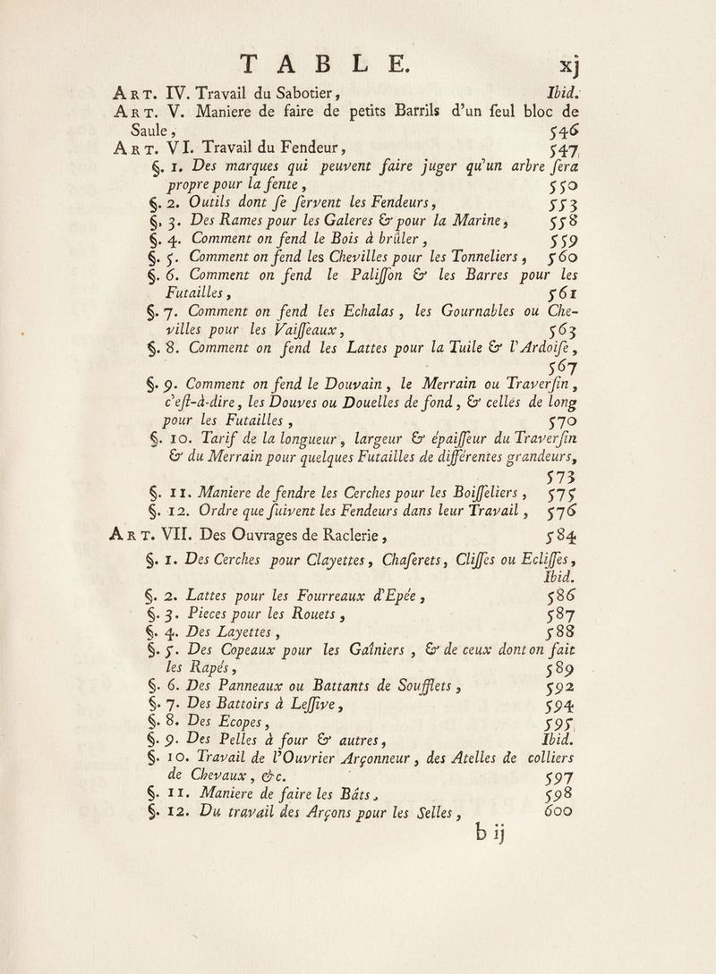 Art. IV. Travail du Sabotier, Ibid Art. V. Maniéré de faire de petits Barrils d?un feul bloc de Saule, 346 Art. VI. Travail du Fendeur, 347. §. 1. Des marques qui peuvent faire juger qu’un arbre fera propre pour la fente , 550 §.2. Outils dont fe fervent les Fendeurs 9 333 §, 3. Des Rames pour les Galeres & pour la Marine 9 57 S §. 4. Comment on fend le Bois à brider, 339 §. 3. Comment on fend les Chevilles pour les Tonneliers 5 360 §. <5. Comment on fend le Palijfon 6r les Barres pour les Futailles, S61 §. 7. Comment on fend les Echalas , les Gournables ou Che¬ villes pour les Vaiffeaux, 363 §.8. Comment on fend les Lattes pour la Tuile VArdoife, 567 §.9. Comment on fend le Douvain , Ze Merrain ou Traverjîn , ceft-à-dire, les Douves ou Douelles de fond, Sr celles de long pour les Futailles , 370 §. 10. Tarif de la longueur 9 largeur & épaiffeur du Traverjîn d& Merrain pour quelques Futailles de différentes grandeurs, 573 §. il. Maniéré de fendre les Cerches pour les Boiffeliers , 377 §. 12. Ordre que fuivent les Fendeurs dans leur Travail, 576 Art. VIL Des Ouvrages de Raclerie, 384 §. 1. Des Cerches pour Clayettes 9 Chaferets, Cliffes ou Ecliffes, Ibid. §. 2. Lattes pour les Fourreaux L’Epée, 586 §.3. Pièces pour les Rouets , 387 §. 4. Des Layettes , >88 §.3. Des Copeaux pour les Gaîniers , & de ceux dont on fait les Râpés, 589 §. 6. Des Panneaux ou Battants de Soufflets, 392 §. 7. Des Battoirs à LeJJîve, 394 §• 8. Des Ecopes, 595 §.9. Des Pelles à four & autres 9 Ibid. §. 1 o. Travail de VOuvrier Arçonneur , des Atelles de colliers de Chevaux, 397 §. 11. Maniéré de faire les Bâts * 398 §• 12. D& travail des Arçons pour les Selles 9 600 bij