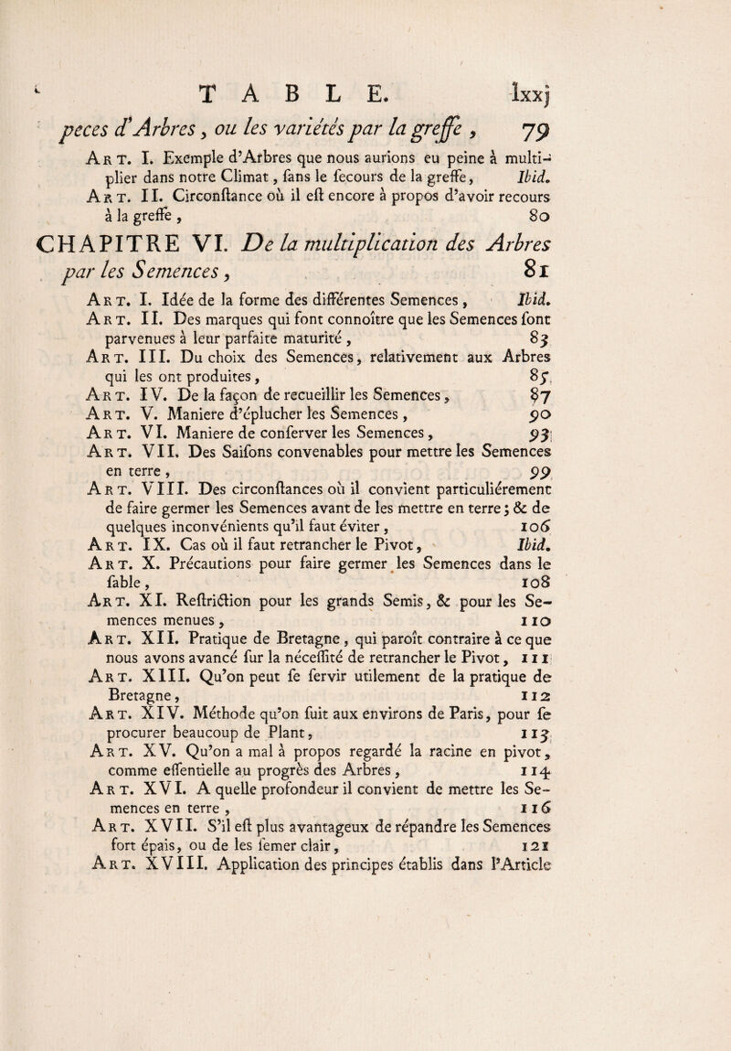 peces d’Arbres, ou les variétés par la greffe , 75? Art. I. Exemple d’Arbres que nous aurions eu peine à multi¬ plier dans notre Climat, fans le fecours de la greffe, Ibid. Art. IL Circonftance où il eft encore à propos d’avoir recours à la greffe , 80 CHAPITRE VI. De la multiplication des Arbres par les Semences y 81 Art. I. Idée de la forme des différentes Semences , Ibid. Art. IL Des marques qui font connoître que les Semences font parvenues à leur parfaite maturité , 83 Art. III. Du choix des Semences, relativement aux Arbres qui les ont produites, Sff, Art. IV. De la façon de recueillir les Semences, $7 Art. V. Maniéré d’éplucher les Semences, <?o Art. VI. Maniéré de conferver les Semences, 9 y Art. VIL Des Saifons convenables pour mettre les Semences en terre , 99 Art. V III. Des circonftances où il convient particuliérement de faire germer les Semences avant de les mettre en terre ; & de quelques inconvénients qu’il faut éviter, 106 Art. IX. Cas où il faut retrancher le Pivot, Ibid. Art. X. Précautions pour faire germer les Semences dans le fable, 108 Art. XI. Reflriélion pour les grands Semis, & pour les Se¬ mences menues, 110 Art. XII. Pratique de Bretagne, qui paroît contraire à ce que nous avons avancé fur la nécefîité de retrancher le Pivot, 111 Art. XIII. Qu’on peut fe fervir utilement de la pratique de Bretagne, 112 Art. XIV. Méthode qu’on fuit aux environs de Paris, pour fe procurer beaucoup de Plant, 113 Art. XV. Qu’on a mal a propos regardé la racine en pivot, comme effentielle au progrès des Arbres , 1 iq. Art. XVI. A quelle profondeur il convient de mettre les Se¬ mences en terre , 116 Art. XVII. S’il efl plus avantageux de répandre les Semences fort épais, ou de les femer clair, 121 Art. XVIII. Application des principes établis dans l’Article