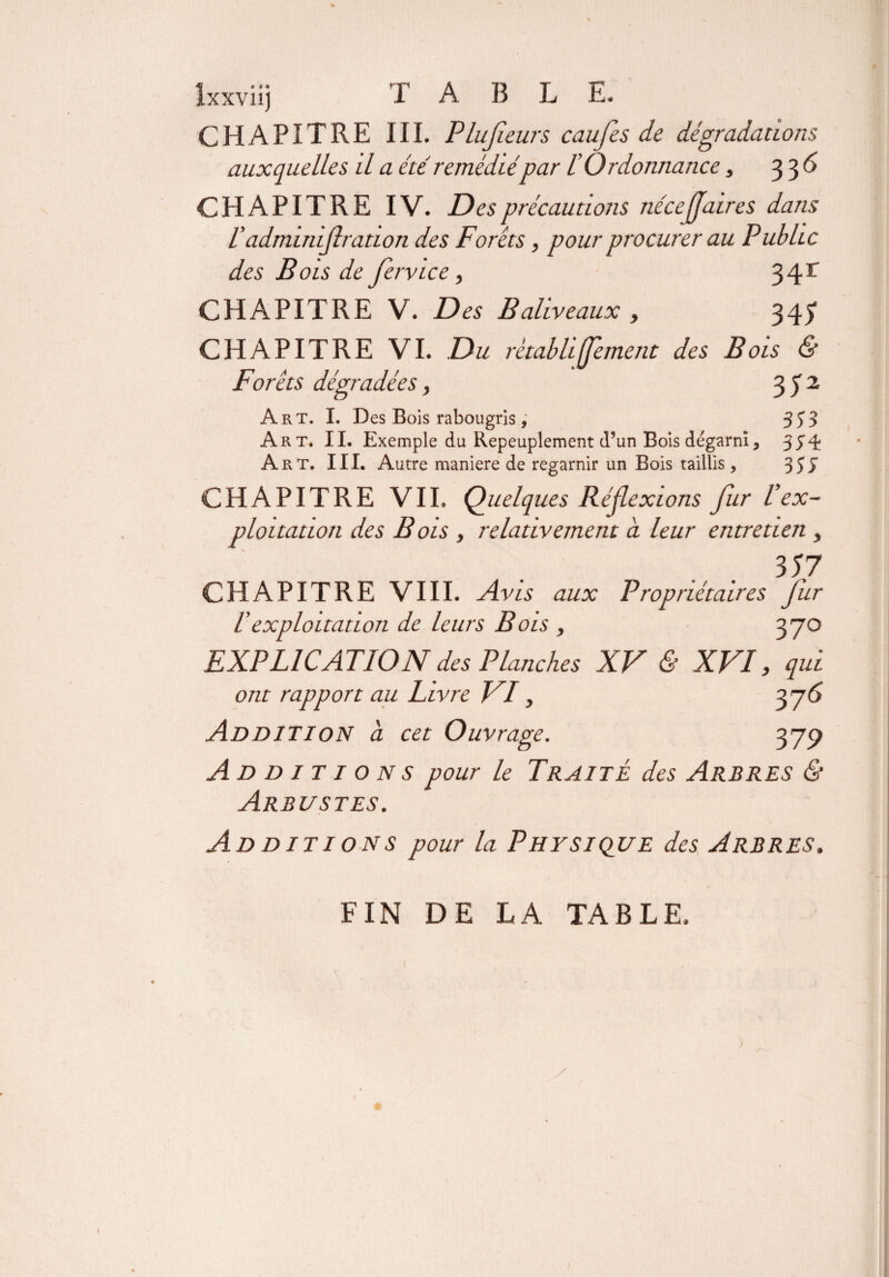 CHAPITRE III. Plufieurs caufes de dégradations auxquelles il a été remédiépar lé Ordonnance, 3 3 ^ CHAPITRE IV. Des précautions néce flaires dans T adminiflration des Forêts, pour procurer au Public des Bois de fervice, 34r CHAPITRE V. Des Baliveaux , 34^ CHAPITRE VI. Du rétabliflement des Bois & Forêts dégradées, 3 ) 2 Art. I. Des Bois rabougris, 3 J3 Art. II. Exemple du Repeuplement d’un Bois dégarni3 35'^ A rt. III. Autre maniéré de regarnir un Bois taillis, 35 J CHAPITRE VIL Quelques Réflexions fur P ex¬ ploitation des B ois , relativement a. leur entretien , 3 57 CHAPITRE VIII. Avis aux Propriétaires fur l exploitation de leurs Bois , 370 EXPLICATION des Planches XV & XVI, qui ont rapport au Livre VI, 376 Addition à cet Ouvrage. 379 Additions pour le Traité des Arbres & Arbustes. Additions pour la Physique des Arbres. FIN DE LA TABLE.