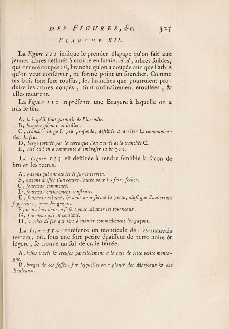 DES FI G U R E S , &C< Planche XI h 325 La Figure ni indique le premier élagage qu on fait aux jeunes arbres deftinés à croître en futaie. AA 9 arbres foibles* qui ont été coupés : B, branche qu on a coupée afin que l’arbre qu’on veut conferver, ne forme point un fourchet. Comme les bois font fort touffus , les branches que pourroient pro¬ duire les arbres coupés , font ordinairement étouffées 9 & elles meurent. La Figure 112 repréfente une Bruyere à laquelle on a mis le feu, A, bois quil faut garantir de Vincendie, B, bruyere quon veut brûler. C, tranchée large & peu profonde, deJUnée à arrêter la communica¬ tion du feu» D, berge formée par la terre que Von a tirée de la tranchée C. E3 coté où Von a commencé à embrafer la bruyere» La Fig ure 11 j eft deftinée à rendre fenfible la façon de brûler les terres. A, galons qui ont été levés fur le terrein» B, galons drejfés Vun contre Vautre pour les faire fécher. C, fourneau commencé. D, fourneau entièrement confinât. E , fourneau allumé, cr dont on a fermé la porte, ainfi que Vouverture fupérieure y avec des galons. F , menu bois dont on fe fert pour allumer les fourneaux. G, fourneau qui efi confumé. H ? crochet de fer qui fert à manier commodément les galons» La Figure il fi repréfente un monticule de très-mauvais terrein 9 où 9 fous une fort petite épaiffeur de terre noire & lénere , fe trouve un fol de craie ferrée, O J Ayfojfés tracés & creufés parallèlement à la bafe de cette petite monta- gne• B , berges de ces fojfés, fur lefquelles on a planté des Marfeaux & des Bouleaux.