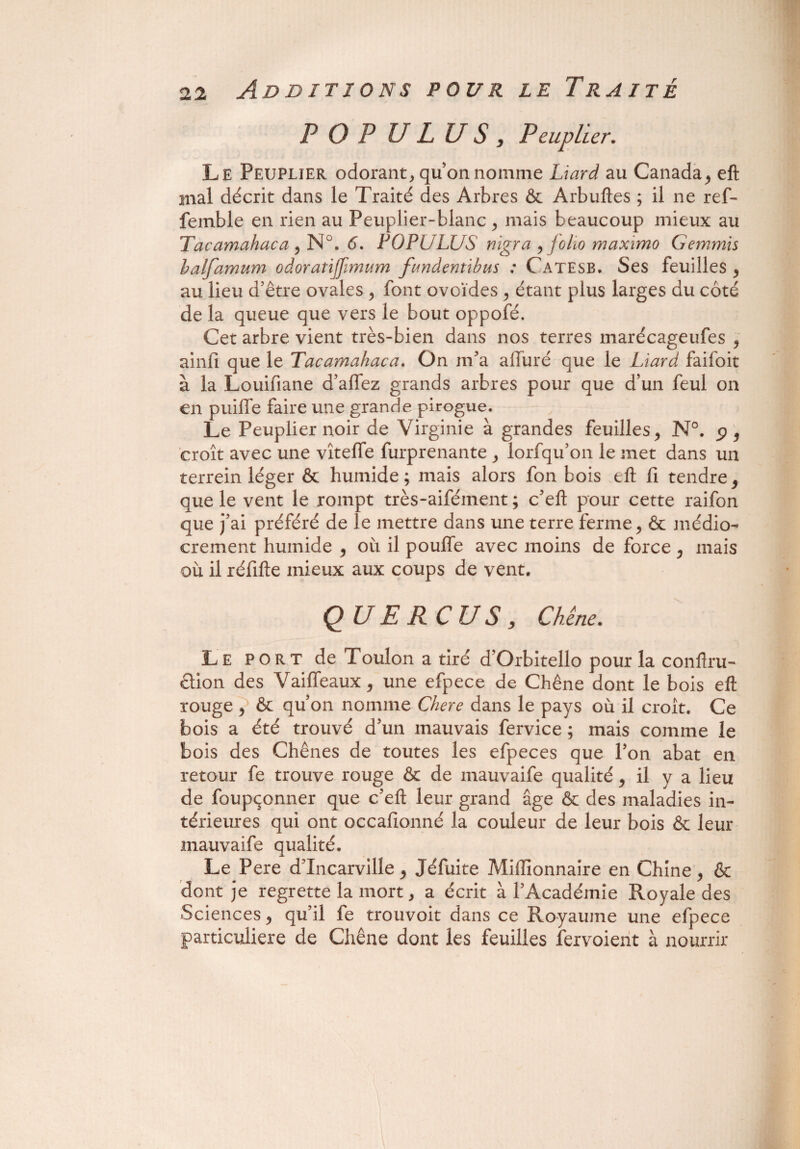 POP U L U S , Peuplier. Le Peuplier odorant, qu on nomme Liard au Canada, eft mal décrit dans le Traité des Arbres & Arbuftes ; il ne ref- femble en rien au Peuplier-blanc, mais beaucoup mieux au Tacamahaca, N°. 6. FOPULUS nigra , folio maximo Gemmis balfamum odoratijfimum fundentibus : Catesb. Ses feuilles , au lieu d’être ovales , font ovoïdes , étant plus larges du côté de la queue que vers le bout oppofé. Cet arbre vient très-bien dans nos terres marécageufes , ainli que le Tacamahaca. On m’a alluré que le Liard faifoit à la Louifiane d’aflez grands arbres pour que d’un feul on en puifte faire une grande pirogue. Le Peuplier noir de Virginie à grandes feuilles, N°. p, croît avec une vîteffe furprenante, lorfqu’on le met dans un terrein léger & humide; mais alors fon bois eft fi tendre, que le vent le rompt très-aifément ; c’eft pour cette raifon que j’ai préféré de le mettre dans une terre ferme, & médio¬ crement humide , où il pouffe avec moins de force, mais où il réfifte mieux aux coups de vent. QUE RC US, Chêne. Le port de Toulon a tiré d’Orbitello pour la conftru- clion des Vaiffeaux, une efpece de Chêne dont le bois eft rouge , & qu’on nomme Chere dans le pays où il croît. Ce bois a été trouvé d’un mauvais fervice ; mais comme le bois des Chênes de toutes les efpeces que l’on abat en retour fe trouve rouge & de mauvaife qualité, il y a lieu de foupçonner que c’eft leur grand âge & des maladies in¬ térieures qui ont occafionné la couleur de leur bois & leur mauvaife qualité. Le Pere d’Incarville, Jéfuite Millionnaire en Chine, & dont je regrette la mort, a écrit à l’Académie Royale des Sciences, qu’il fe trouvoit dans ce Royaume une efpece particulière de Chêne dont les feuilles fervoient à nourrir