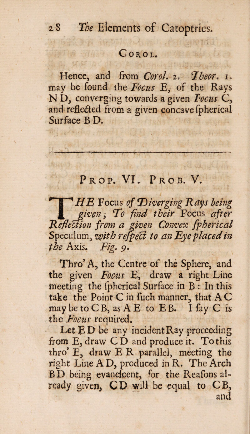 COROL. Hence, and from Corol. 2. !Theor. 1. may be found the Focus E, of the Rays N D, converging towards a given Focus C, and reflected from a given concave fpherical Surface B D. P R O P. VI. Prob. V. THE Focus of [Diverging Rays being given ,, To find their Focus after Reflection from a given Convex fpherical Speculum, z&ith refpeU to an Eye placed in the Axis. Fig. 9. Thro’ A, the Centre of the Sphere, and the given Focus E, draw a right Line meeting the fpherical Surface in B : In this take the Point C in fuch manner, that A C may be to C B, as A E to E B. I fay C is the Focus required. Let ED be any incident Ray proceeding from E, draw C D and produce it. To this thro’ E, draw E R parallel, meeting the right Line A D, produced in R. The Arch B D being evanefcent, for the Reafons al¬ ready given, CD will be equal to CB,