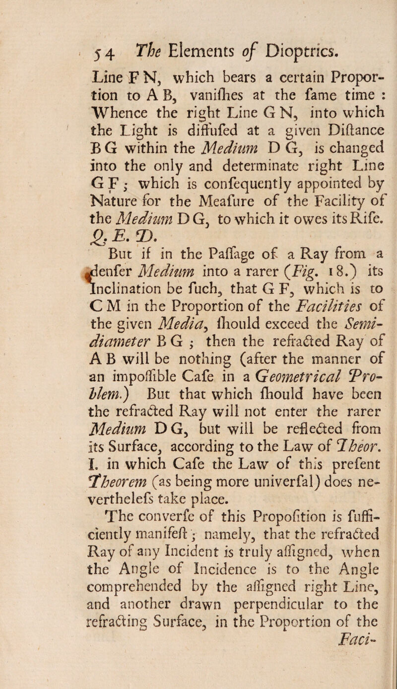 Line F N, which bears a certain Propor¬ tion to A B, vanifhes at the fame time : Whence the right Line G N, into which the Light is diffufed at a given Diftance B G within the Medium D G, is changed into the only and determinate right Line G F ; which is confequently appointed by Nature for the Meafure of the Facility of the Medium D G, to which it owes its Rife. & E- ©• But if in the Paffage of a Ray from a ^enfer Medium into a rarer (Fig. 18.) its Inclination be fuch, that G F, which is to C M in the Proportion of the Facilities of the given Media, fhould exceed the Semi- diameter B G ; then the refracted Ray of A B will be nothing (after the manner of an impolfible Cafe in a Geometrical Fro- bleml) But that which fhould have been the refracted Ray will not enter the rarer Medium DG, but will be reflected from its Surface, according to the Law of Hheor. I. in which Cafe the Law of this prefent ^Theorem (as being more univerfal) does ne- verthelefs take place. The converfe of this Proportion is fuffi- ciently manifefl; namely, that the refracted Ray of any Incident is truly afligned, when the Angle of Incidence is to the Angle comprehended by the afligned right Line, and another drawn perpendicular to the refracting Surface, in the Proportion of the Fact-