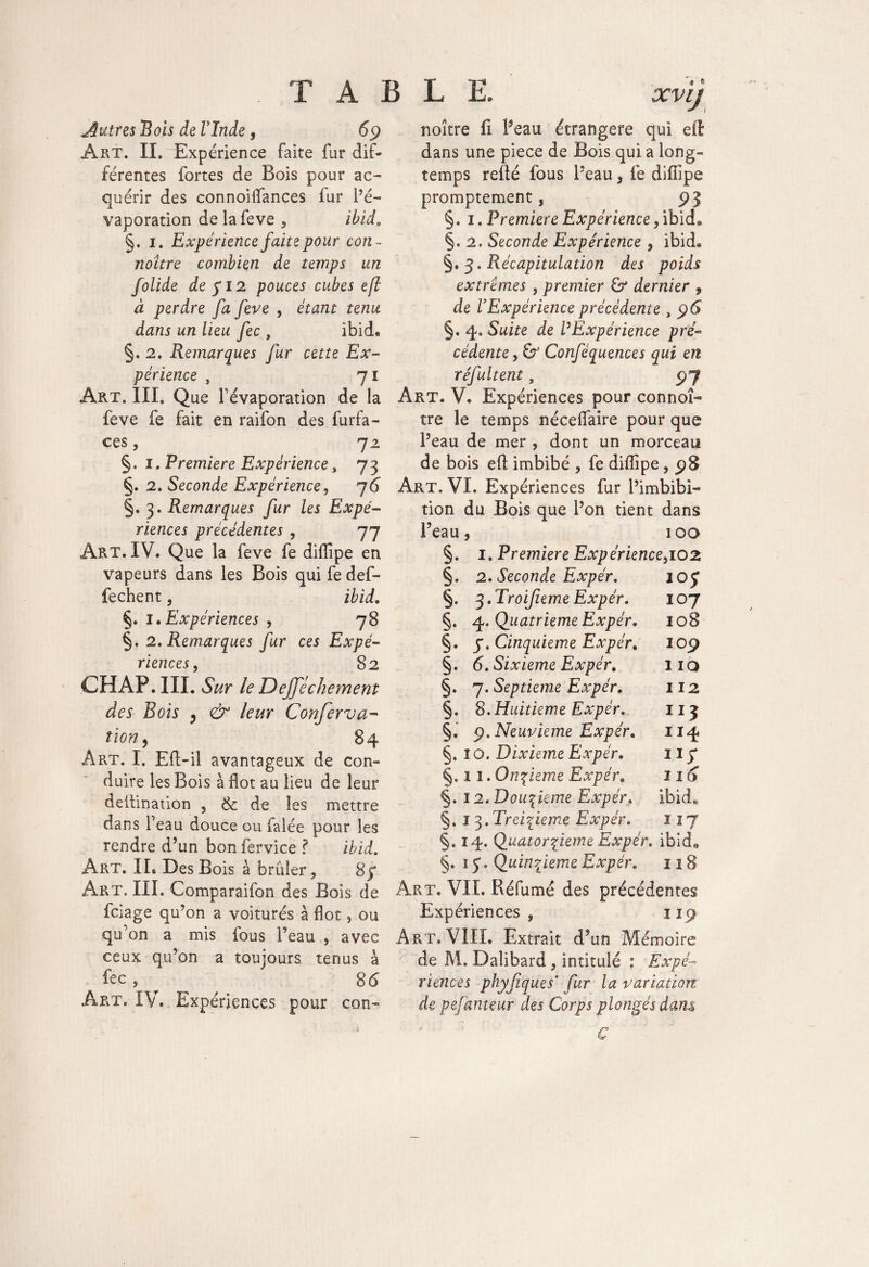 Autres Bois de Vlnde, 69 Art. II. Expérience faite fur dif¬ férentes fortes de Bois pour ac¬ quérir des connoilfances fur l’é¬ vaporation de la feve , ibid. §. 1. Expérience faite pour con~ noître combien de temps un folide de f 12 pouces cubes efk à perdre fa feve , étant tenu dans un lieu fec , ibid« §. 2. Remarques fur cette Ex¬ périence , 71 Art. III. Que l’évaporation de la feve fe fait en raifon des furfa- ces, 72 §. 1. Première Expérience, 7 3 §. 2. Seconde Expérience, 76 §.3. Remarques fur les Expé¬ riences précédentes , 77 Art. IV. Que la feve fe difîîpe en vapeurs dans les Bois qui fe def- fechent, ibid. §. 1. Expériences , 78 §. 2. Remarques fur ces Expé¬ riences, 82 CHAP. III. 6W /<? Dejfechement des Bois ? /e&r Conferva- fio», 84 Art. I. EU-il avantageux de con¬ duire les Bois à flot au lieu de leur deiünation , & de les mettre dans Peau douce ou falée pour les rendre d’un bon fervice ? ibid. Art. IL Des Bois à brûler, 8/ Art. III. Comparaifon des Bois de fciage qu’on a voiturés à flot, ou qu’on a mis tous l’eau , avec ceux qu’on a toujours tenus à fec , 86 Art. IV. Expériences pour con- TABLE. xvij noître fi Peau étrangère qui eil dans une piece de Bois qui a long¬ temps refté fous Peau, fe diffipe promptement, 5)3 §. 1. Première Expérience, ibid* §.2. Seconde Expérience , ibid@ §. 3, Récapitulation des poids extrêmes , premier dernier 9 de VExpérience précédente , 96 §. 4, «Suite de l’Expérience pré¬ cédente , & Conféquences qui en réfultent, 97 Art. V. Expériences pour con noî¬ tre le temps nécelfaire pour que Peau de mer , dont un morceau de bois eft imbibé , fe diffipe, 98 Art. VI. Expériences fur Pimbibi- tion du Bois que Pon tient dans Peau, 100 §. 1. Première Expérience, 102 §. 2. Seconde Expér. 107 §. ^.Troifeme Expér. 107 §. 4. Quatrième Expér. 108 §. j. Cinquième Expér. 109 §. 6. Sixième Expér. lia §. 7. Septième Expér. 112 §. 8.Huitième Expér. 113 §. 9, Neuvième Expér. 114 §. 1 o. Dixième Expér. 117 §. 11. Onzième Expér. 116 §. 12. Douzième Expér. ibid. §. 13.Treizième Expér. 117 §. 14. Quatorzième Expér. ihid9 §. 1Ç. Quinzième Expér. 118 Art. VIL Réfumé des précédentes Expériences, 119 Art. VIII. Extrait d’un Mémoire de M. Daîibard, intitulé : Expé¬ riences phyfques* fur la variation, de pefanteur des Corps plongés dans