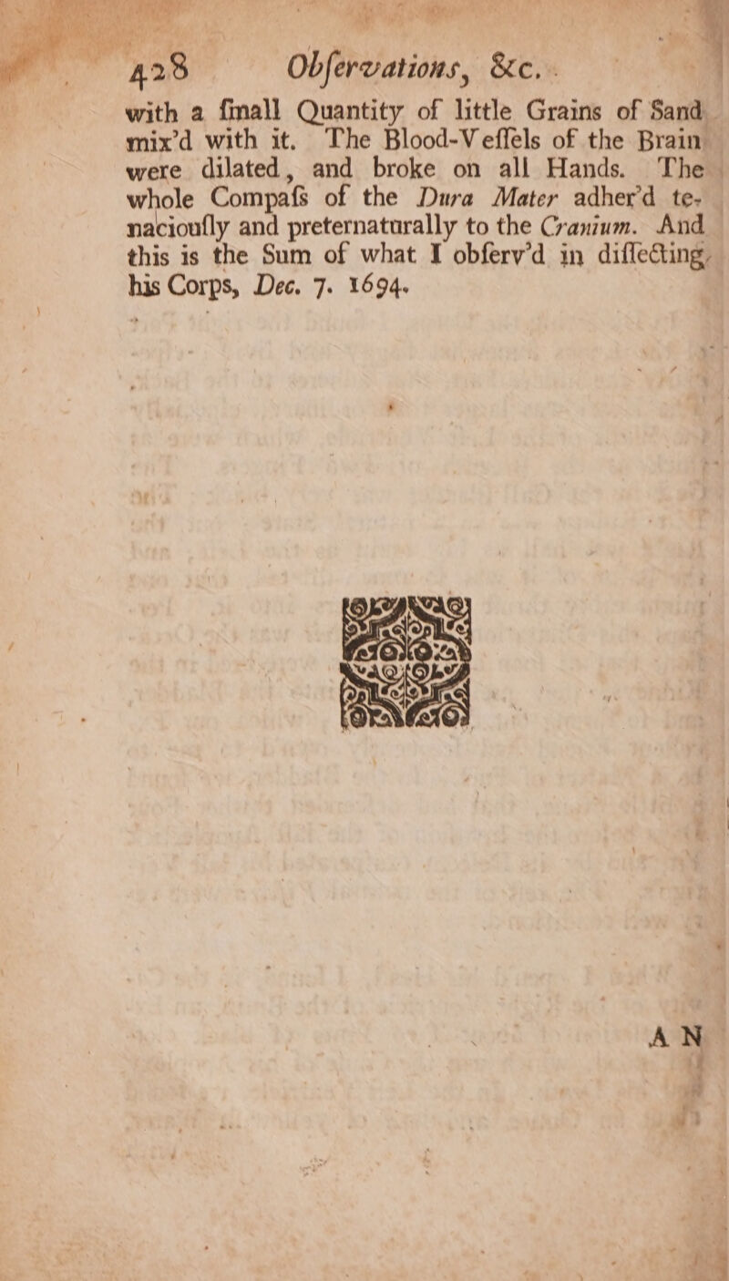 E A Mmm  | ik Obfervations, Ke, 1 with a fmall Quantity of little Grains of Sand. mix'd with it. The Blood-Veffels of the Brain were dilated, and broke on all Hands. The. whole Compafs of the Dura Mater adherd te. nacioufly and preternaturally to the Cranium. And this is the Sum of what I obferv'd in diflecting his Corps, Dec. 7. 1694. —- 42 up, 4^