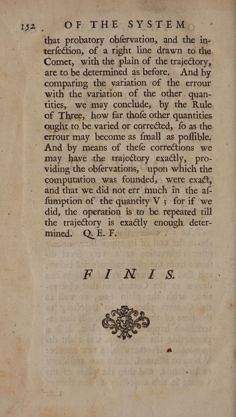 DETIUEBSYSTERMD ' that probatory obfervation, and the in- terfection, of a right line drawn to the Comet, with the plain of the trajectory, comparing the variation of the errour with the variation of the other. quan- tities, we may conclude, by the Rule of Three, how far thofe other quantities ought to be varied or corrected, {0 as the errour may become as {mall as poflible. And by means of thefe corrections we may have the trajectory exactly, pro- viding the obfervations, upon which the computation was founded; were exact, and that we did not err much in the af- fumption of the quantity V ; for if we did, the operation is to be repeated till the trajectory is exactly boys deter- Bia NOS of