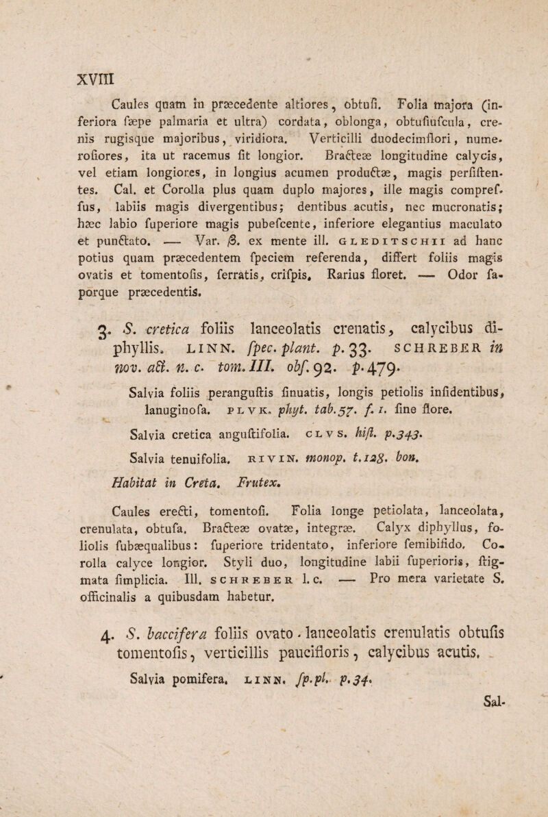 xvrii Caules quam in praecedente altiores, obtufi. Folia majora (in¬ feriora fsepe palmaria et ultra) cordata, oblonga, obtufiufcula, cre¬ nis rugisque majoribus, viridiora. Verticilli duodecimflori, nume- roliores, ita ut racemus fit longior. Braftese longitudine calycis, vel etiam longiores, in longius acumen produftae, magis perfiften- tes. Cal. et Corolla plus quam duplo majores, ille magis compref» fus, labiis magis divergentibus; dentibus acutis, nec mucronatis; h2ec labio fuperiore magis pubefcente, inferiore elegantius maculato et punftato. — Var. /B, ex mente ili. gleditschii ad hanc potius quam praecedentem fpeciem referenda, differt foliis magis ovatis et tomentofis, ferratis, crifpis. Rarius floret. -— Odor fa- porque praecedentis. 3. S, <Yttica foliis lanceolatis creiiatis^ calycibus di- phyllis. LiNN. fpec. piant, p. 33. schrebrr m nov. a£i. n. c. tom.111. o&/. 92« P*479' V Salvia foliis peranguftis finuatis, longis petiolis infidentibus, lanuginofa. plvKo phyt, i. fine flore. Salvia cretica anguflifolia. clvs. hijl, p.jy-S* Salvia tenuifolia. rivin. monop. hon. Habitat in Creta, Frutex, Caules eredli, tomentofi. Folia longe petiolata, lanceolata, crenulata, obtufa. Brafteae ovatae, integrae. Calj^x diphylius, fo¬ liolis fubaequalibus: fuperiore tridentato, inferiore femibifido. Co¬ rolla calyce longior. Styli duo, longitudine labii fuperioris, flig- mata fimplicia. 111. schreber 1. c. — Pro mera varietate S. oflicinalis a quibusdam habetur. 4. 5. haccifera foliis ovato - lanceolatis crenulatis obtufis tomentofis, verticillis paucifloris, calycibus acutis» Salvia pomifera, linn. fp>pl»^