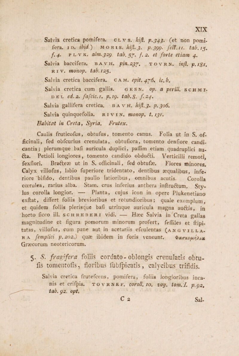 XIX Salvia cretica poHnifera. clvs. hiji. p,3^3. (et non pomi¬ fera. ID. iM.) JviORis. hiji. 3, p>399- fe&.ii. tab.13, PL^VK. alm.32g tab. 37. f.2> et forte etiam 4. Salvia baccifera. bavh. pin.237, tovrn. inft. p,igi, R I V. tnohop. tab.123. Salvia cretica baccifera. cam. epit. ic,b. Salvia cretica cum gallis. g e s n. op, a perill, schmi- DEL ed.2. fafcic.i, p,jg» tab.g^ Salvia gallifera cretica. bavH. hifl.3, p.306. Salvia quinquefolia, rivin. tnonop, t, igr, E abitat in Creta y Sijria. Frutex, Caulis fruticofus, obtufus, tomento canus. Folia ut in S. of- £cinali, fed obfcurius crenulata, obtufiora, tomento denfiore candi¬ cantia; plerumque bafi auricula duplici, palTim etiam quadruplici au- fta. Petioli longiores, tomento candido obdufti. Verticilli remoti, fexflori. Braflese ut in S. officinali, fed obtufae. Flores minores. Calyx villofus, labio fuperiore tridentato, dentibus aequalibus, infe¬ riore'bifido, dentibus paullo latioribus, omnibus acutis. Corolla ccKrulea, rarius alba. Starn. crus inferius anthera inftruftum. Sty¬ lus corolla longior. — Planta, cujus icon in opere Plukenetiano exftat, differt foliis brevioribus et rotundioribus; quale exemplum, et quidem foliis plerisquc bafi utrinque auricula magna au6lis, in ‘horto ficco ill. schreberi vidi. — Haec Salvia in Creta gallas magnitudine et figura pomorum minorum profert, feffiles et ftipi- tatas, villofas, cum pane aut in acetariis efculentas (angvilla- RA femplici p.202.) quae ibidem in foris veneunt. ^u<rK0(A,(Aix Graecorum neotericorum. 5. S. fragifera foliis cordato - oblongis crenulatis obtu- fis tomentofis, floribus fubfpicatis, calycibus trifidis. Salvia cretica frutefeens, pomifera, foliis longioribus inca¬ nis et crifpis, to vrnef. coroll, jo. voy, tom,‘L p.p2» ^ tab. p2. opt ■