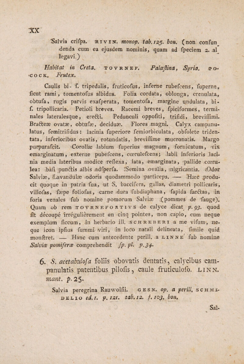 'Salvia crifpa. rivin. monop, tah.125, (non conFun .denda cum ea ejusdem nominis, quam ad fpeciem a. .al legavi) Habitat in Creta, tovrnkf. Palcejlina, Syria, spo- ‘C o c K. Frutex, Caulis bi- f. tripedalis, fruticofus, inferne rubefcens, fuperne, ficut rami, tomentofus albidus. Folia cordata, oblonga, crenulata,, obtufa, rugis parvis exafperata, tornentofa, margine undulata, bi- f. tripollicaria. Petioli breves. Racemi breves, fpiciformes, termi¬ nales lateralesque, ere6ti. Pedunculi oppofiti, trifidi, breviffimi. Braftese ovat3e, obtufas, deciduae. Flores magni Calyx campanu- . latus, femitrifidus: lacinia fuperiore femiorbiculata, obfolete triden- tata, inferioribus ovatis, rotundatis, brevifilme mucronatis. .Margo purpurafcit. iCorolIae labium fuperius magnum, fornicatum, nfix emarginatum, iexterne pubefcens, coerulefcens; labii inferioris 'laci¬ nia media lateribus modice reflexa, lata, temarginata, pallide coeru¬ lea: Fafi jpunftis albis ^adfperfa. ^Semina ..ovalia, rnigrlcantia. K^Odor Salviae, ILavandulae ^odoris quodammodo particeps. — Hsec .produ¬ cit quoque in patria'fua., ut S. baccifera, gallas, diametri pollicaris, villofas, 'faepe foliofas, .carne .dura fubdiaphana, fapida fardtas, in foris venales ?fub nomine .pomorum Salviae ;Xpommes de fauge). ' Quam ob rem .t o v r n e f o r t 1 v s de calyce dicat p.gy, quod fit decoupe Irregulierement en <cinq pointes, mon capio, cum neque exemplum ficcum, in herbario ill. schreberi a me vifum, ne¬ que icon ipfius fumml^viri, in loco natali delineata, fimile quid monftret. — Hanc cum antecedente periil .a EiNNEVfub nomine Salvice pomifer ce comprehendit fp, pL ,p>3F 6. S, acetabulofa foliis -obovatis dentatis, calycibus cam- panulatis patentibus pilofis, caule fruticulofo. linn. mant, p. 25« Salvia peregrina Rauwolfil gesn. op. a periil, schmi- DELIO ed,r» p, I2I» tah,j2» loy, bon.