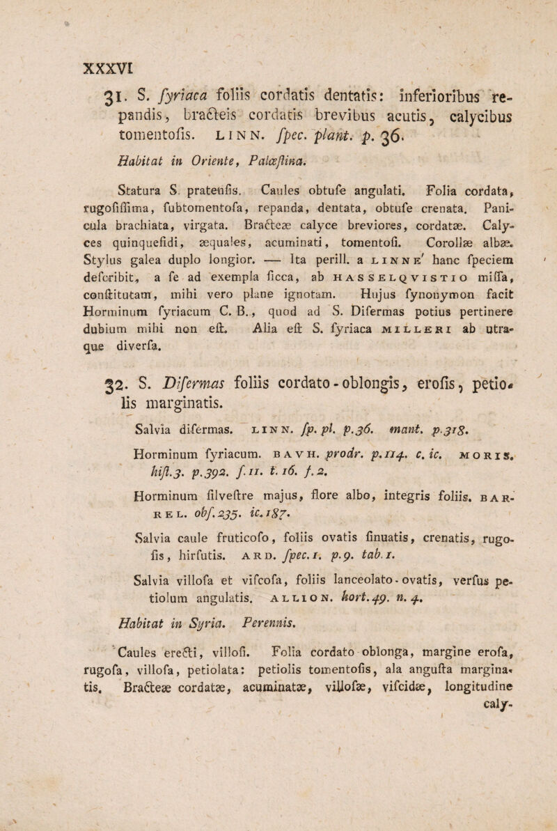 31. S. fyriaca foliis cordatis dentatis: inferioribus 're¬ pandis, brafteis cordatis brevibus acutis, calycibus tomentofis. L i N N. fpec. 'piant, p. 36- Babitat in Oriente y Falce/lina, Statura S. pratetifis. Caules obtufe angulati. Folia cordata^ mgoriffima, fubtomentofa, repanda, dentata, obtufe crenata. Pani¬ cula brachiata, virgata. Bracteae calyce breviores, cordatae. Caly¬ ces quinquefidi, aequales, acuminati, tomentofi. Corollas albae. Stylus galea duplo longior. — ita perill. a linne' hanc fpeciem deferibit., a fe ad ‘exempla ficca, ab hasselqvistio miOTa, conftitutam, mihi vero plane ignotam. Hujus fynoiiymon facit Horminum fyriacum C. B., quod ad S. Difermas potius pertinere dubium mihi non eft. Alia efl: S. fyriaca milleri ab utra¬ que diverfa. 32. S. Difermas foliis cordMo - oblongis ^ erofis, petio- lis marginatis. Salvia difermas. linn. fp.pt, p.36. mani. P.31S. Horminum fyriacum. 'r xy'n. prodr. p.n^, c,ic. moris. hifl.3. p,3g2. fu* t\ 16. f.2, Horminum hlveftre majus, flore albo, integris foliis, bar- REL. obf.235. ic.igp. ' Salvia caule fruticofo, foliis ovatis linuatis, crenatis, rugo- fis, hirfutis. fpec.i* p.p. tab.i. Salvia villofa et vifeofa, foliis lanceolato-ovatis, verfus pe¬ tiolum angulatis, allion. kort.^g. HMtat in Syria, Perennis, 'Caules ere6ti, villoli. Folia cordato oblonga, margine erofa, rugofa, villofa, petiolata: petiolis tomentofis, ala angufta margina» tis. Bradtese cordatae, acuminatae, villofae, vifeidae, longitudine cal/-