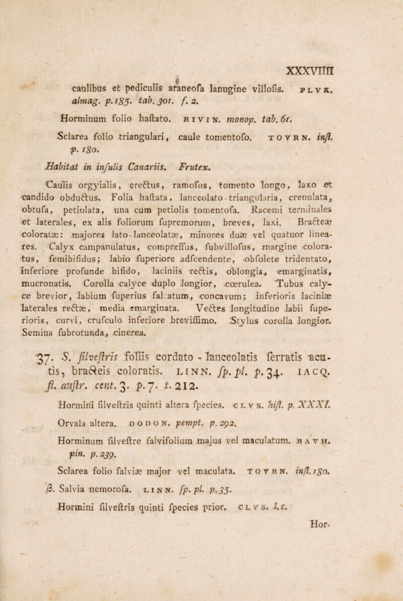 ii caulibus et pediculis araneofa lanugine villoCs. p l v k. almag. p. 1S5, tab, ^or, f, 2. Horminum folio haftato. rivin. monop, tab.6r. Sclarea folio triangulari, caule tomentofo. tovrn. infl, V- 180, Babitat in infulis Canariis^ Frutex. Caulis orgyialis, erectus, ramofus, tomento longo, laxo et candido obduftus, Folia haftata , lanceolato - triangularia, crenulata, -obtufa, petiolata, una cum petiolis tomentofa. Racemi terminales •et laterales, ex alis foliorum fuprcmorum, breves, laxi. Bracteae •coloratae: majores lato-lanceolatae, minores duae vel quatuor linea¬ res. Calyx campanulatus, comprelTus, ‘fubvillofus, margine colora¬ tus, femibifidus; labio ifuperiore adfcendente, obfolete tridentato, inferiore profunde bifido, laciniis reftis, oFlongis, emarginatis, mucronatis. Corolla calyce duplo longior, .coerulea. 'Tubus caly¬ ce brevior, labium fuperius fal:atum, concavum; inferioris laciniae laterales re6tae, media ernarginata. Veftes longitudine labii fupe- rioris, curvi, crufculo inferiore FreviiTimo, .St^^lus corolla longior- .Semina fubrotunda., cinerea. 37- 5. Jilveftris foliis cordato - lanceolatis ferratis -acu¬ tis, braSeis coloratis, linn, fp. pL 34. iacq. fl, auftr. ccnt,2‘ P-7' ^‘212. Hormini filveftrls quinti altera fpecies. cl v s. liijl, p. XXXI. Orvala altera, d o d o n. pempt. p. 2g2. Horminum filveftre .falvifoliura majus vel maculatum, b a v h. pin. p.2jg. Sclarea folio falviae major vcl maculata, tovrn. infl.igcu /3, Salvia nemorofa. linn. fp-pl> P.35’ Hormini filveftris quinti fpecies prior, glvs. Lc.