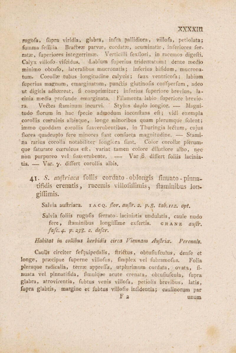 / rng^fa, fiipra viridia, glabra, infra pallidiora, villofa, petiolata; funima feffilia. Brafteae parvae, cordatx', acuminal-cc , inferiores fer¬ ratae, fuperiores integerrimae. Verticilli fexllori, in racemos digefti. Calyx villofo - vifcidus. 'Labium fuperius tridentatum: dente medio minimo obtufo, lateralibus mucronatis; inferius bifidum, mucrona¬ tum. Corollae tubus longitudine calycis; faux ventricofa; labium fuperius magnum, emarginatum, punftis glutinofis conTperfum , adeo ut digitis adhaereat, fi comprimitur; inferius fuperiore brevius-, la- cinia^ media profunde emarginata. Filamenta labio fuperiore brevio¬ ra. Veftes flaminum incurvi, ‘ Stylus duplo longior. — Magni¬ tudo florum in hac fpecie admodum inccnftans eft; vidi exempla ^corollis coeruleis albisque, longe minoribus quam plerumque folent; immo quoddam corollis fuaverubentibus, in Thuringia le6lum, cujus ' flores quadruplo fere minores fant confueta magnitudine. — Stami- 'iia rarius corolla notabiliter longiora funt.- Color corollae plerum¬ que faturace coeruleus ell, variat tamen colore dilutiore albo, nec nbn purpureo vel fuaverubente. — Var /3. diilert foliis lacinia- tis. — Var. y. differt corollis albis. 41. S. atiflriaca foliis cordato - oblongis finuato - pinna* tifidis crenatis^ racemis villofiUimis, ftaminibus Ion- giffimis. Salvia auftriaca. ia cq. flor, aiiflr. 2. p.g^, tab.112. opt. Salvia foliis rugofis ferrato-laciniatis undulatis, caule nudo fere, flaminibus longiffime exfertis. cranz auflr. fafc, 4. p. 23S. c, defer. Habitat in collibus herbidis circa Viennam Aujlrice, PerennUs. Cautis circiter fefquipedalis, ftri6lus, obtufiufculus, denfe et longe, praecipue fuperne villofus, fimplex vel fubramofus. Folia pleraque radicalia, terrae appreffa, utplurimura cordata, ovata, fi- Buata vel pinnatifida, fimulque acute crenata, obtufiufcula,. fupra glabra, atrovirentia, fubtus venis villofa, petiolis brevibus, latis, fupra glabris, margine et fubtus villofis- infidentia; caulinorum par f 2, unum