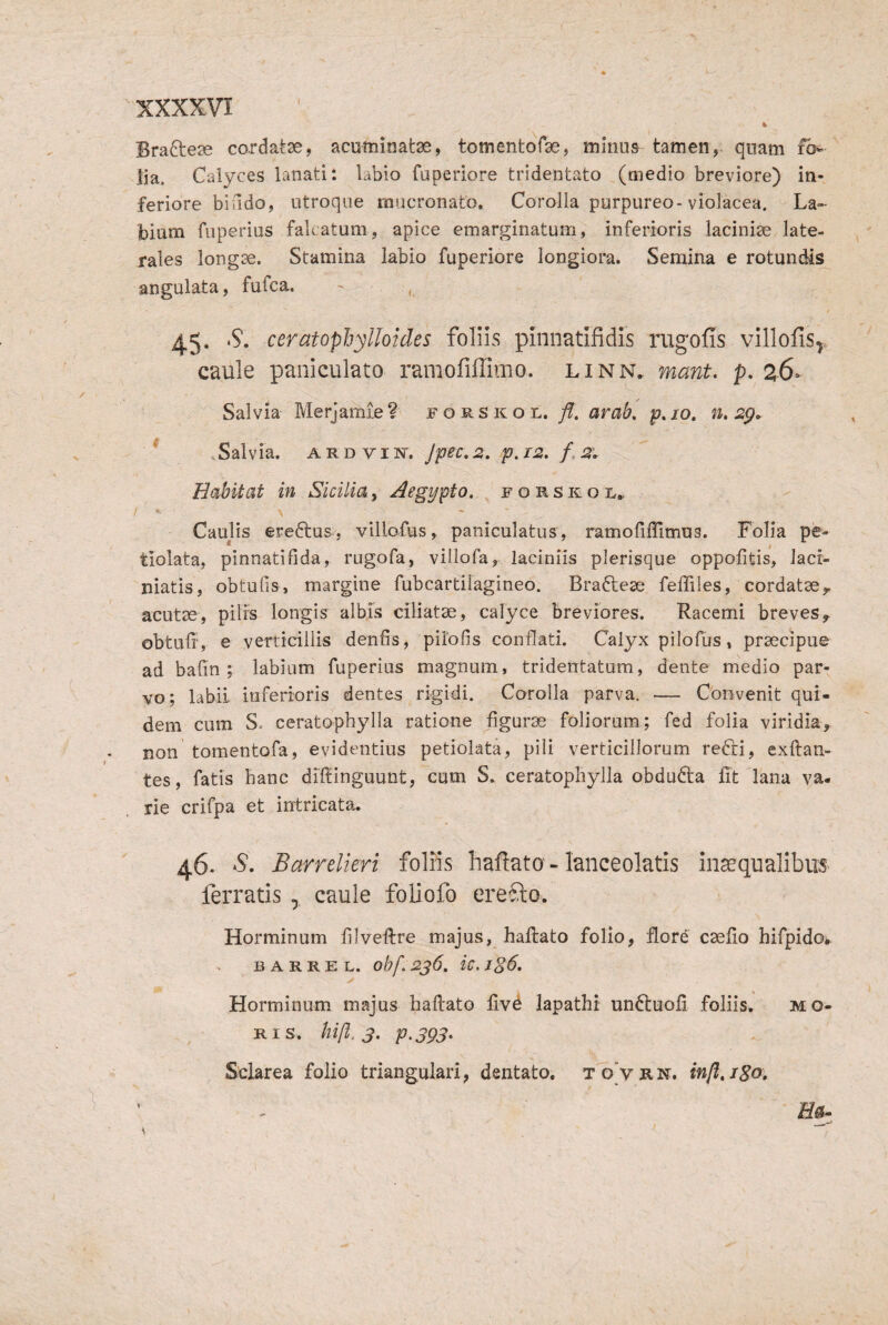 Brafteze cordatse, acuminatae, tomentofse, minus tamen, quam fo¬ lia. Caiyces lanati: labio fuperiore tridentato (medio breviore) in¬ feriore biil do, utroque mucronato. Corolla purpureo-violacea. La¬ bium fuperius falcatum, apice emarginatum, inferioris lacinise late¬ rales longae. Stamina labio fuperiore longiora. Semina e rotundi^ angulata, fufca. - , 45. S, ceratophylloides foliis pinnatlfidis mgofis villofis^. caule paiiiculato ramofiffimo. linn, mant. p, 26- Salvia Merjamie? forskol. fl, arak n, ^ Salvia. ARDViNT. Jpec,2, p.r2. f,2\ Habitat in Siciliay Aegypto, forskol.. - / » Caulis ereftus, villofus, paniculatus, rarnofilTimug. Folia pe^ ^ f tiolata, pinnatifida, rugofa, villofa, laciniis plerisque oppolltis, iacr- niatis, obtufis, margine fubcartiiagineo. Brafteae feffiles, cordatae^ acutEe, pilis longis albis ciliatae, calyce breviores. Racemi breves^ obtuli', e verticillis denlis, pilofis conflati. Calyx pilofus, praecipue ad bafin ; labium fuperius magnum, tridentatum, dente medio par¬ vo; labii inferioris dentes rigidi. Corolla parva. — Convenit qui¬ dem cum S. ceratophylla ratione figurae foliorum; fed folia viridia, non tomentofa, evidentius petiolata, pili verticillorum refti, exftan- tes, fatis hanc dilfinguunt, cum S. ceratophylla obdufta fit lana va¬ rie crifpa et intricata. 4.6. S, Barrelieri foliis haftato - lanceolatis in^qnalibiis ferratis , caule foliofo ereolo. Horminum filveftre majus, hallato folio, flord caelio hifpido- BARRE L. obf.2j6. ic. lg6. Horminum majus hallato livd lapathi unftuof foliis. mo¬ ris. hift. 3. p.393, Sclarea folio triangulari, dentato, toVrn. infl.jgo.