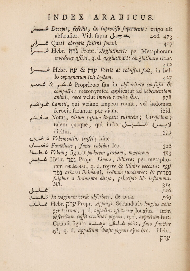 Decepit ^ fefellit, de inprovifo fupertenit: origo eft abftrulior. Vid. fupra 406. 473 —c Quafi obreptio fallens Jomni. 407 -^ Hebr. 'Hljl Propr. Agglutinari: per Metaphoram mordicus affigi^ q. d. agglutinari: conglutinare rixas, 412 .c Hebr. Fortis kc rohujlut fuit ^ in bel¬ lo oppugnatum ivit hojlem, 427 Proprietas fita in ohfeuritate confufa & compara: metonymice applicatur ad vehementiam animi ^ coeco vqIui impetu ruentis &c. 378 Cameli^ qui vefano impetu ruunt, vel indomita ferocia feruntur per viaiii. ibid. Notat, virum vefano ifnpetu ruerite)n ; mtrepidum ; talem quoque, qui infra dicitur. . - 379 Vehementius irafei'^ hinc Famelicus ^ fame rabidus leo. 326 ^1—L-c Velum • figurat pudorem gravem, marrorem. 493 Hebr. Propr. Linere^ illinere: per metapho¬ ram condonare^ q. d. tegere & illmre peccata: arbores linimenti y ref nam fundentes: & fulphur a linimento okofo y principio illo inflamma* bili, 314 526 In vaginam corde ahforheri, de aqua. 569 Hebr. pSj? Propr. Appingi. Secundario longius abiit per terram , q. d. appadtus eji terris longius. Item ohjiridtum ceflit creditori pignus , q.d. appaBum fuit. Grandi figura obiit, fato fundlus q. d. appadtim hcefit pignus t]ivs &<:. Hebr.