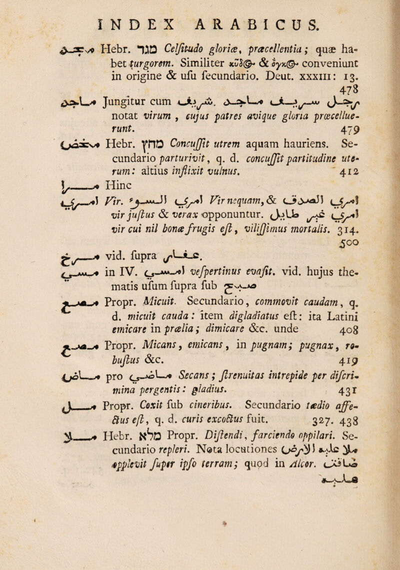 ,^.-2Cvo Hebr. Celfitudo glorice^ pracellentia; quae ha¬ bet Similiter Sc oyy.!^ conveniunt in origine & ufu fecundario. Deut. xxxiii: 13. 473 Jungitur cum ol—J-=V notat virum , eujus patres avi que gloria proscellue- runt. 479 ’ i>a3Cv« Hebr. ConcuJJlt utrem aquam hauriens. Se¬ cundario , q. d. concujjit partitudine ute^ rum: altius inflixit vulnus, '412 _^ Hinc Fir. Firneqtiam^&. <J><>><a3] jufius & opponuntur. vir cui nil boncefrugis efty vilfjimus mortalis, 314. 500 vid. fupra in IV. o^-/ol vefpertinus evafit, vid. hujus the¬ matis ufum fupra fub i-/f Propr. Micuit. Secundario, commovit caudam^ q, d. micuit cauda: item digladiatus eft: ita Latini emicare in prcelia; dimicare &c. unde 408 Propr. Micans^ emicans y in pugnam; pugnaxy ra- bujlus &c. 419 4^1-^ pro Secans; Jlrenuitas intrepide per difcru mina pergentis: gladius, 431 Propr. Coxit fub cineribus. Secundario teedio affe- Buseft, q, d, curis excoctus fuit. 327. 438 M ^ Hebr. kSd Propr. Dijiendi, farciendo oppilari. Se¬ cundario repleri. Nota locutiones ^ . i$ppkvit fupsr ipfo terram; quod in /ilcor. c-XilAi