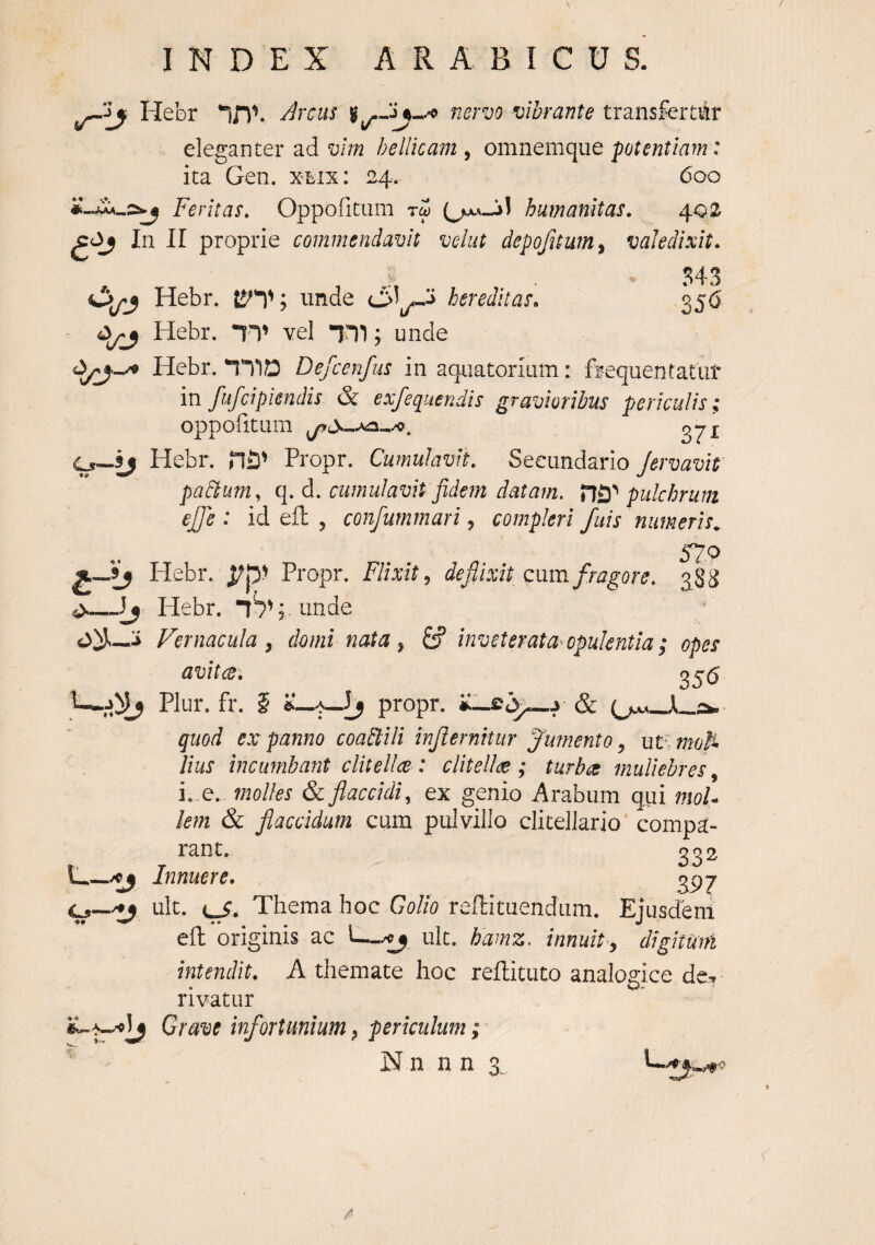 / INDEX ARABICUS. /heus nervo librante ixdimkrtm eleganter ad vim bellicam , omnemque ptentiam : ita Gen. xiiix: 24. 600 Fer itas. OppofitLim rw (juu-jl humanitas. 4.QZ In II proprie commendavit vehit depofitumy valedixit. S43 Hebr. unde hereditas. 356 Hebr. vel m; unde Hebr. ‘TIID Defcenfus in aquatorium: frequentatlit in fufcipkndis & exfequendis gravioribus periculis; oppofitum 271 O—y Hebr. HiS' Propr. Cumulavit. Secundario Jervavit padtiim, q. d. cumulavit fidem datam. Hd'' pulchrum ejje : id efl , confurnmari ^ compleri fuis numeris^ S7F> 2«-y Hebr. Propr. FUxlt ^ dejilxit Qi\m fragore. 3^88 ^Plebr. ib^punde Vernacula y domi nata y ^ inveterata'opulentia; opes avites. 35^5 Plur. fr. 5 **—propr. quod ex panno coadlili injiernhur Jumento y nt^ moh Uus incumbant clitell(X : clitelh ; turbee muliebres y i. e. molles & flaccidi, ex genio Arabum qui moL lem & flaccidum cum pulvillo clitellario compa¬ rant, 332^ t_Kj Innuere. ^P7 o—y ult. cj. Thema hoc Go//^ rellituendum. Ejusdem efl; originis ac \—ult. bamz. innuit y digitum intendit. A themate hoc reilituto analogice de^ rivatur ^tave infortunium y periculum;